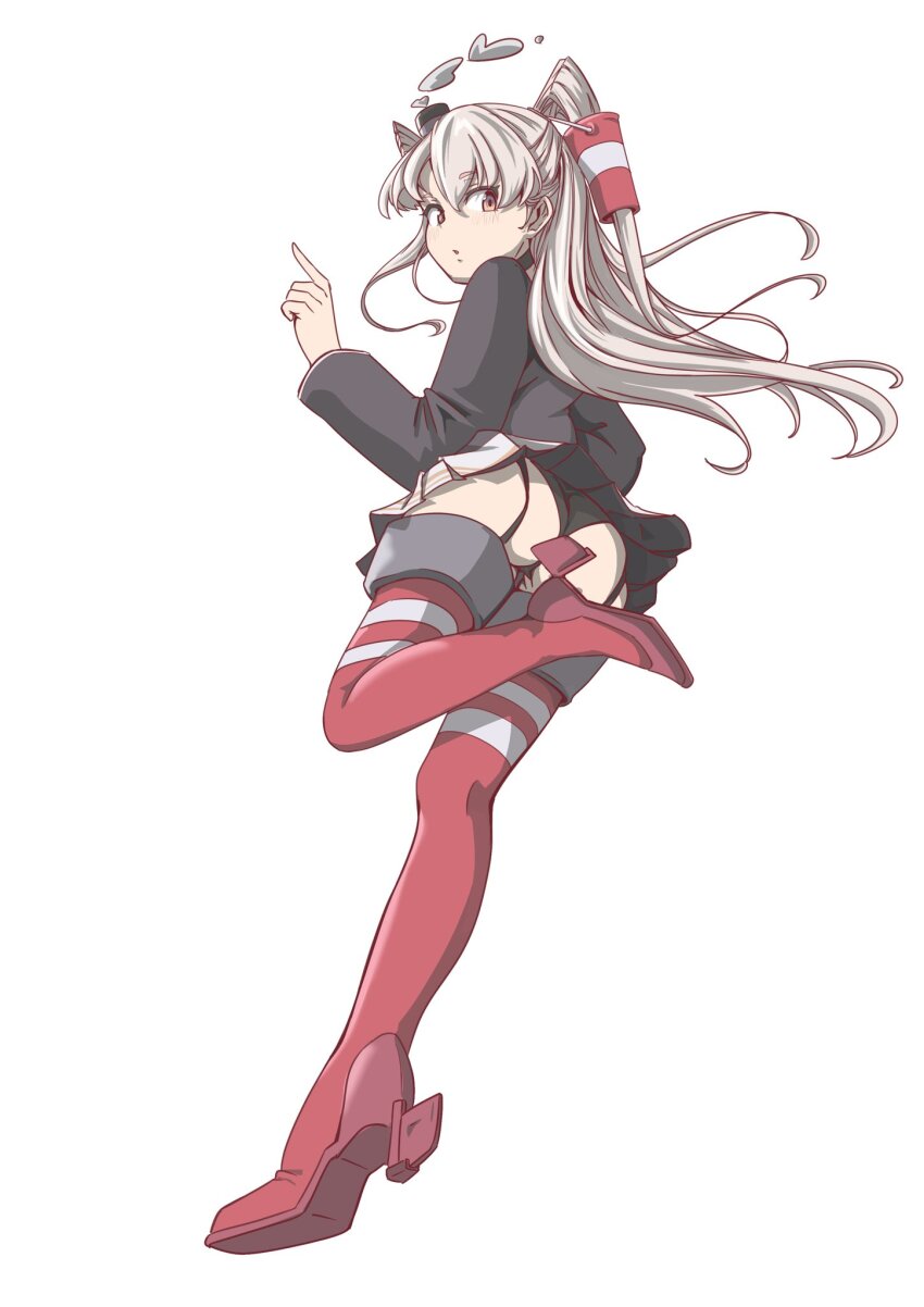 1girl amatsukaze_(kancolle) ass black_panties black_shirt brown_eyes chakoru clothes_lift floating_hair foreshortening from_below full_body grey_hair hair_between_eyes hair_tubes hand_up heart highres index_finger_raised kantai_collection long_hair looking_at_viewer looking_down miniskirt panties pantyshot pleated_skirt red_thighhighs shirt skirt skirt_lift smoke smoke_heart smokestack_hair_ornament solo standing standing_on_one_leg striped_clothes striped_thighhighs thighhighs two_side_up underwear white_skirt