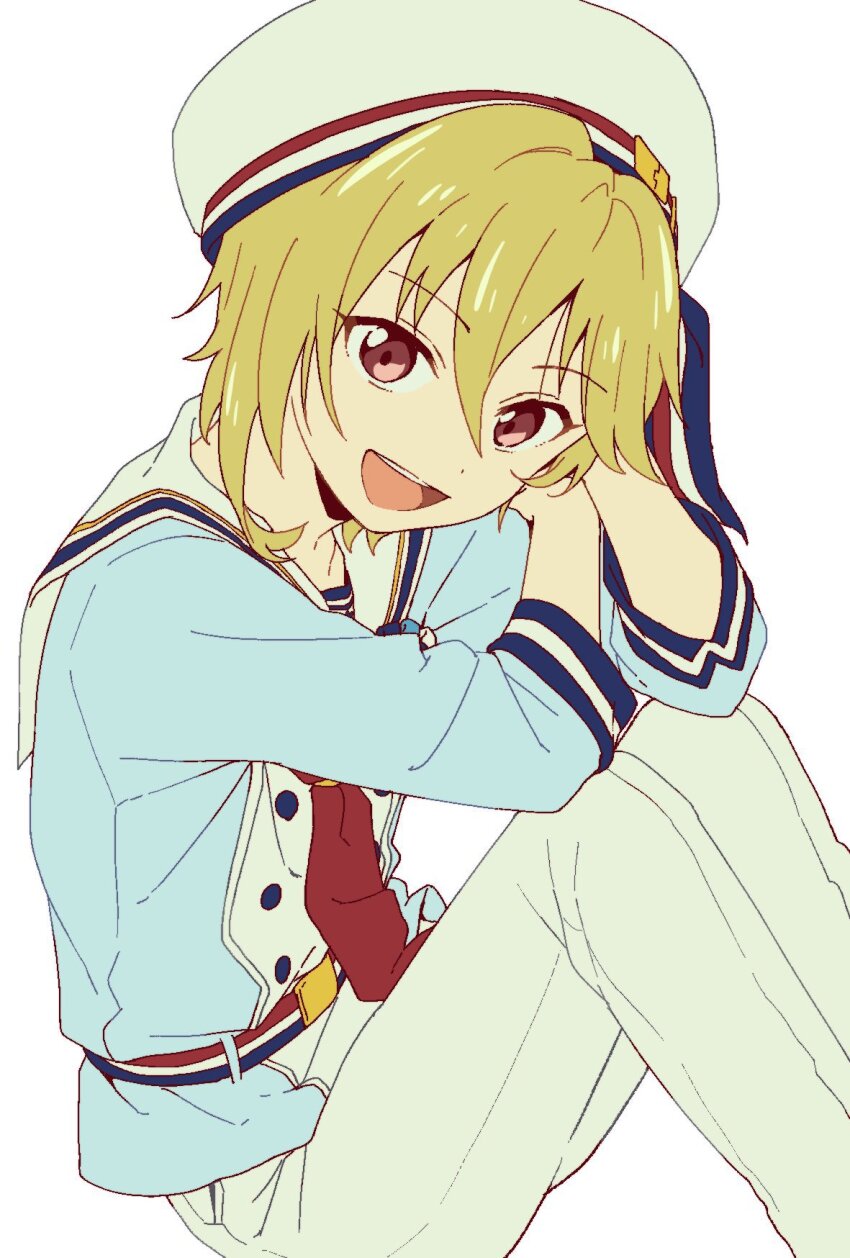 1boy :d androgynous belt blonde_hair blue_shirt buttons cheek_rest dot_nose elbow_rest elbows_on_knees ensemble_stars! feet_out_of_frame flat_color hair_between_eyes hand_on_own_cheek hand_on_own_face hands_up happy hat highres jaggy_lines knees_up leaning_forward looking_at_viewer male_focus multicolored_belt necktie nimaro0129 nito_nazuna open_mouth own_hands_together pants red_eyes red_necktie sailor_collar sailor_hat sailor_shirt shirt simple_background sitting sleeves_past_wrists smile solo striped_belt teeth turning_head two-tone_shirt upper_teeth_only white_background white_hat white_pants white_shirt