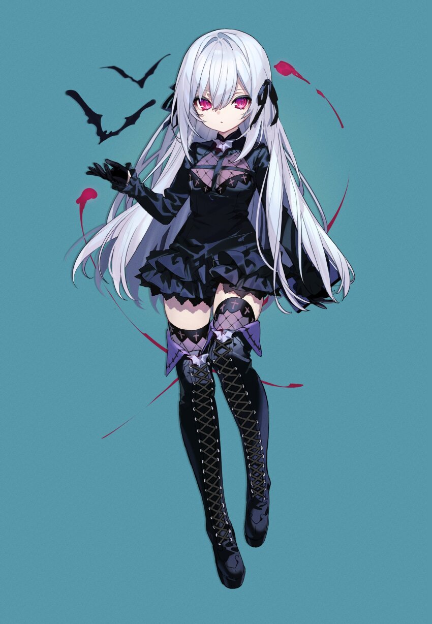 1girl absurdres bat_(animal) black_dress black_footwear black_gloves black_ribbon black_thighhighs blue_background boots closed_mouth cross-laced_footwear dress full_body gloves hair_ribbon hand_up highres long_hair looking_at_viewer mearylis_(yamanasi_mikage) original pink_eyes ribbon simple_background solo thigh_boots thighhighs very_long_hair white_hair yamanasi_mikage