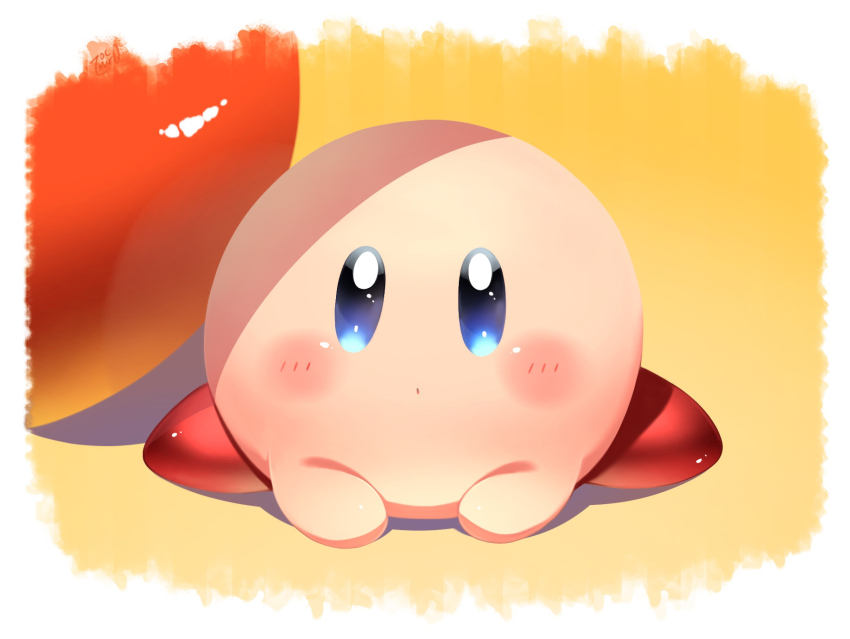 ball blue_eyes blush border closed_mouth dot_mouth full_body kirby kirby_(series) looking_at_viewer lying nintendo no_humans on_stomach simple_background solo straight-on toconikky white_border yellow_background