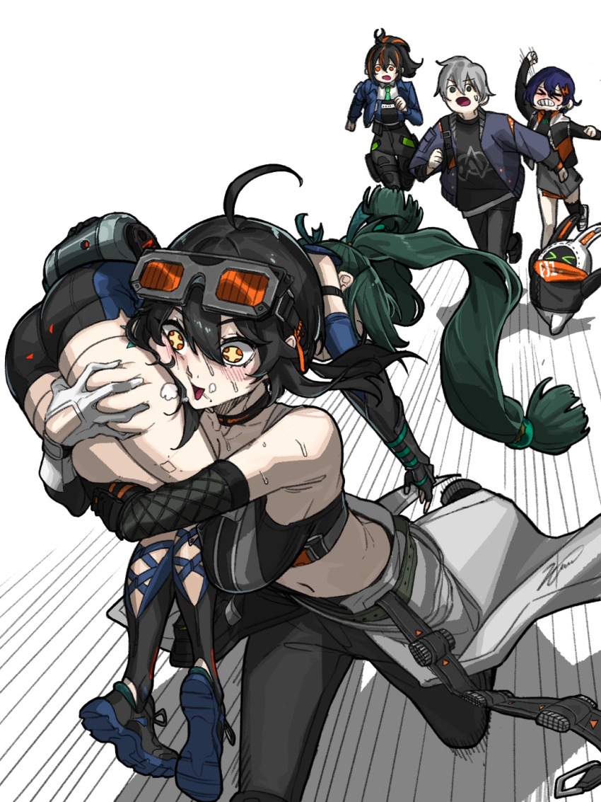 +_+ 1boy 4girls ahoge android arm_up ass bangboo_(zenless_zone_zero) bare_shoulders belle_(zenless_zone_zero) black_hair black_shirt black_sports_bra blue_hair blush breasts brother_and_sister carrying carrying_over_shoulder carrying_person chasing cheek_press cheek_squash closed_eyes eous_(zenless_zone_zero) fleeing gloves grabbing_another&#039;s_thighs grace_howard green_hair grey_hair gwongiyeon67479 hair_between_eyes heavy_breathing highres jacket large_breasts long_hair mechanic motion_lines multicolored_hair multiple_girls navel open_clothes open_jacket pants ponytail qingyi_(zenless_zone_zero) red_eyes robot robot_girl shirt short_hair siblings simple_background smile sports_bra stomach streaked_hair sweat thigh_grab twintails white_background white_gloves wise_(zenless_zone_zero) zenless_zone_zero zhu_yuan