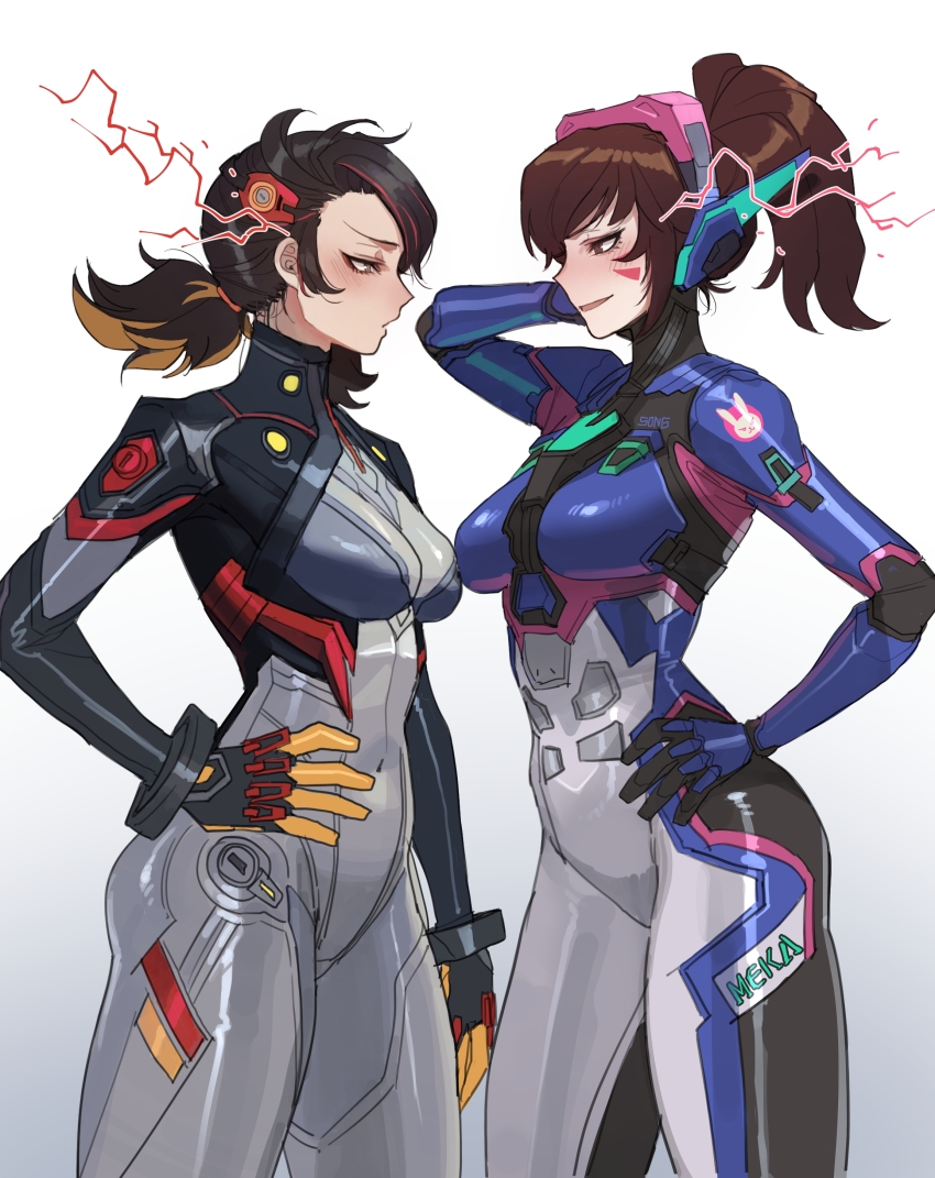 2girls absurdres black_hair blue_bodysuit bodysuit breasts brown_eyes brown_hair commentary crossover d.va_(overwatch) electricity eye_contact facial_mark highres long_hair looking_at_another marvel marvel_rivals mecha_pilot_suit medium_breasts multiple_girls overwatch overwatch_2 peni_parker ratatatat74 revision short_hair smile spider-man:_into_the_spider-verse spider-man_(series) spider-verse swept_bangs symbol-only_commentary trait_connection whisker_markings