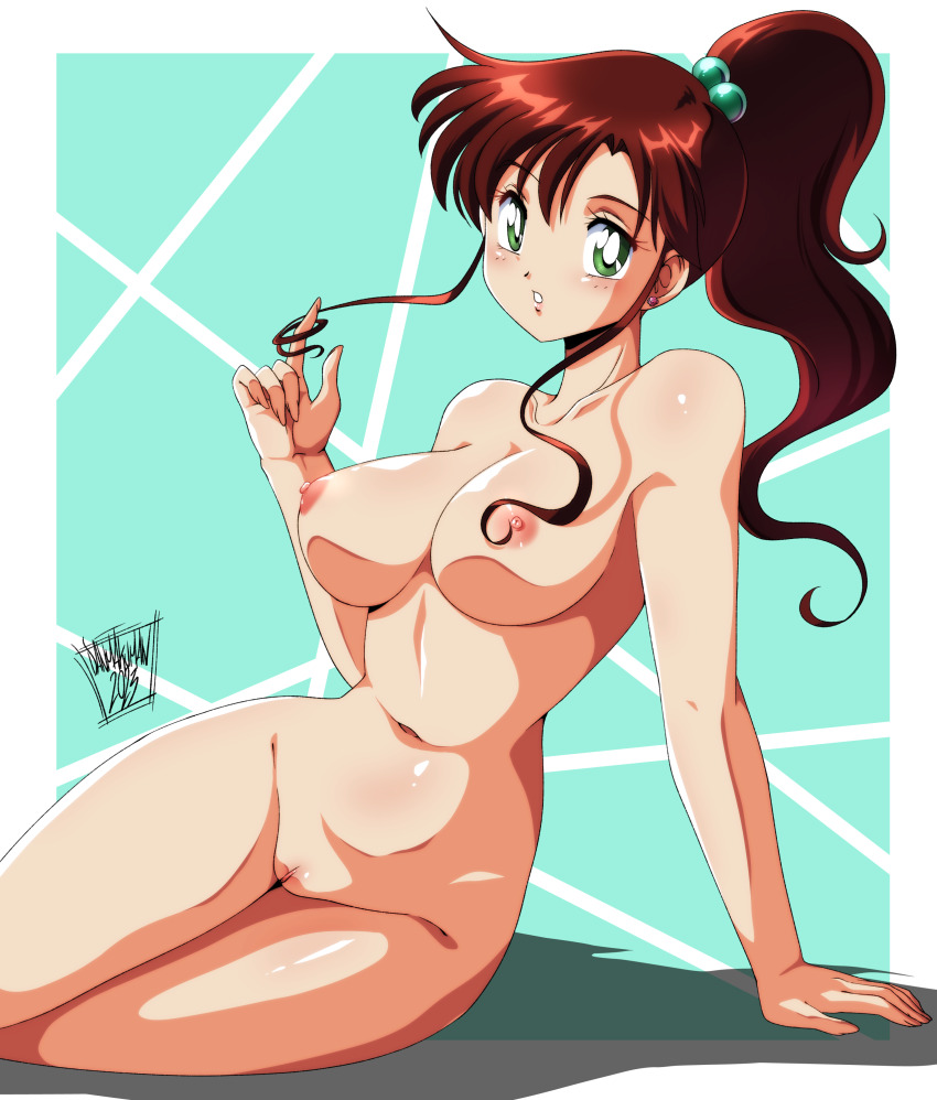 1girl 2023 absurdres artist_name bishoujo_senshi_sailor_moon breasts brown_hair completely_nude danmakuman dated earrings female_focus flower_earrings green_eyes hair_bobbles hair_ornament highres jewelry kino_makoto large_breasts long_hair looking_at_viewer navel nipples nude ponytail pussy signature solo uncensored