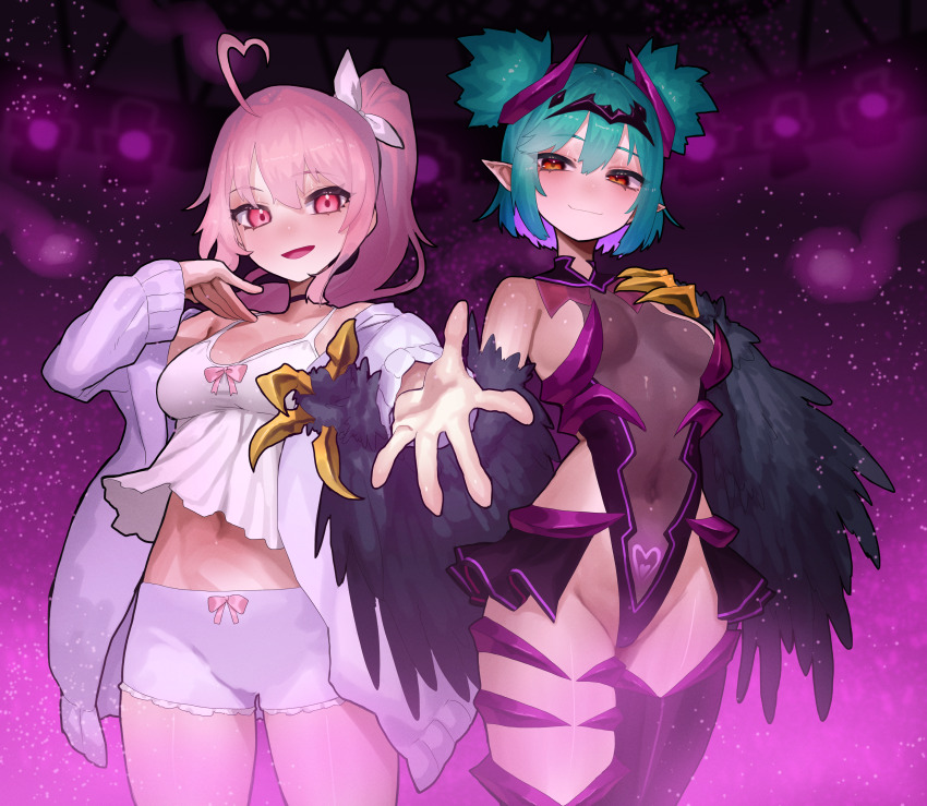 2girls absurdres ahoge black_feathers black_wings blush boyshort_panties breasts cardigan character_request claws colored_inner_hair commentary_request commission ekrea_jan feathered_wings feathers green_hair hair_ribbon harpy heart heart_ahoge heart_tattoo high_ponytail highres horns indie_virtual_youtuber lincoro looking_at_viewer monster_girl multicolored_hair multiple_girls navel panties pink_hair pointy_ears purple_hair reaching reaching_towards_viewer red_eyes ribbon short_hair short_twintails showgirl_skirt skeb_commission small_breasts smile stomach_tattoo tank_top tattoo tiara twintails underwear virtual_youtuber white_cardigan white_panties white_ribbon white_tank_top winged_arms wings