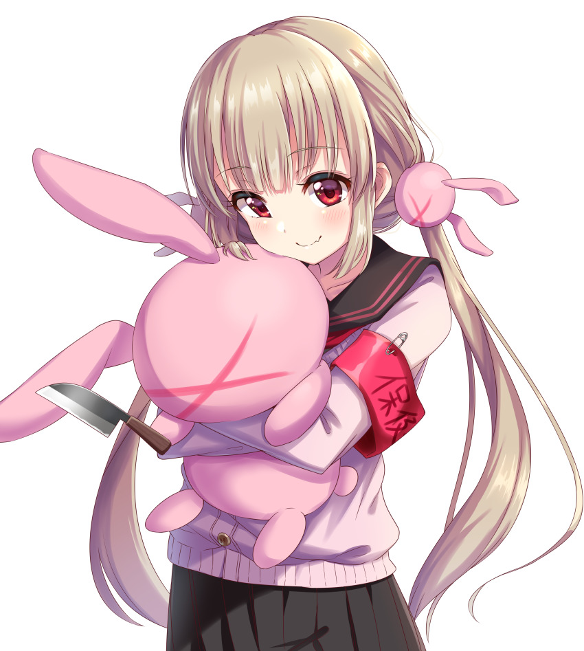 &gt;_&lt; 1girl :d &gt;_&lt; absurdres alternate_costume armband blonde_hair blush rabbit_hair_ornament commentary_request fang fang_out hair_ornament highres hug knife long_hair looking_at_viewer low_twintails natori_sana hugging_object open_mouth rariemonn red_eyes sana_channel school_uniform simple_background smile solo stuffed_animal stuffed_rabbit stuffed_toy sweater twintails very_long_hair virtual_youtuber white_background xd