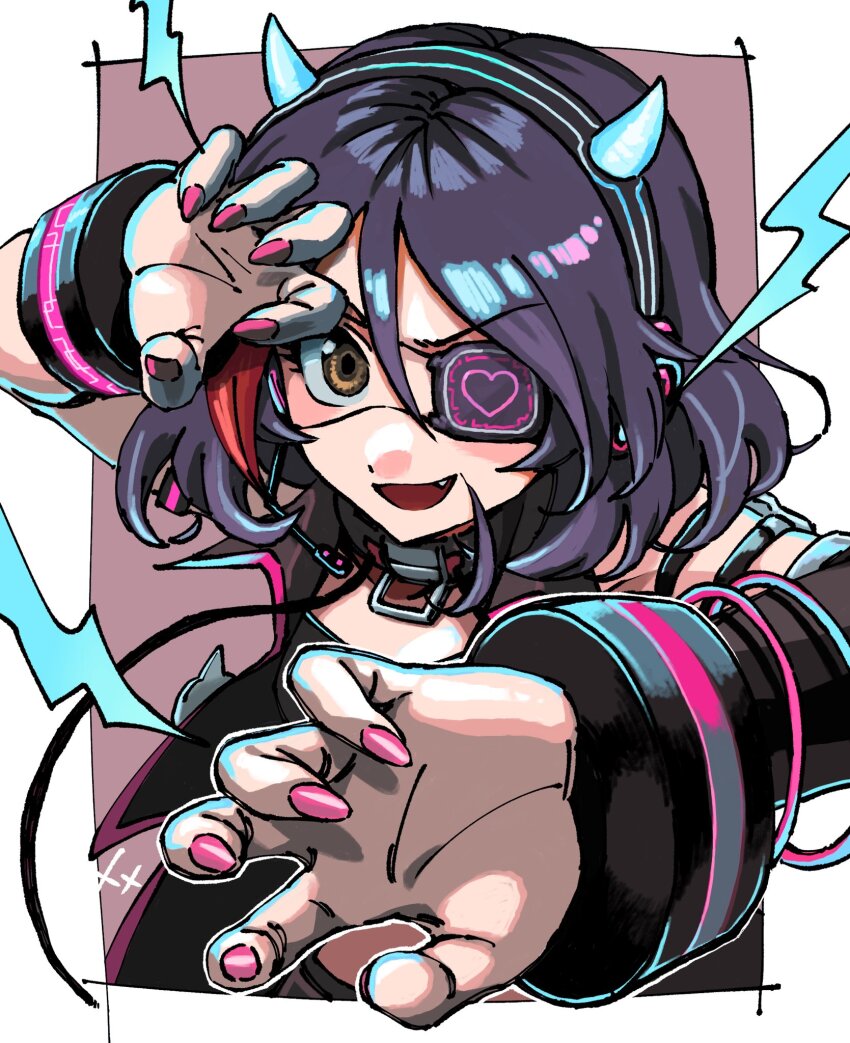 arm_strap batcheam816 black_jacket black_shirt black_sleeves bracelet brown_eyes claw_pose cyberpunk demon_horns detached_sleeves electricity eyepatch fang fingernails hair_between_eyes hands_up hayasaka_mirei headphones headset heart heart_print highres horns idolmaster idolmaster_cinderella_girls idolmaster_cinderella_girls_starlight_stage jacket jewelry looking_at_viewer medium_hair multicolored_hair pink_nails purple_hair red_hair sharp_fingernails shirt single_detached_sleeve smile two-tone_hair upper_body v-shaped_eyebrows