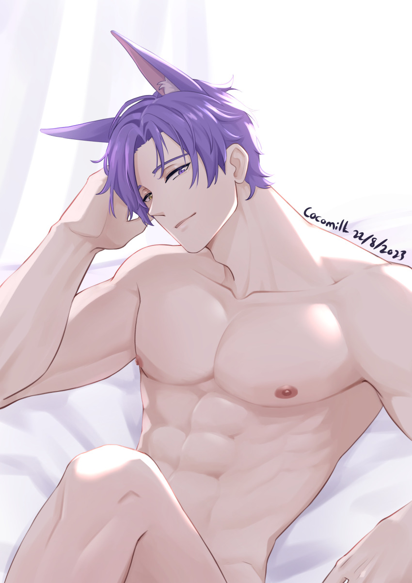 1boy abs absurdres animal_ears fox_ears heterochromia highres kirene88 kuya_(nu_carnival) male_focus muscular muscular_male navel nipples nu_carnival nude purple_eyes purple_hair short_hair solo stomach yellow_eyes