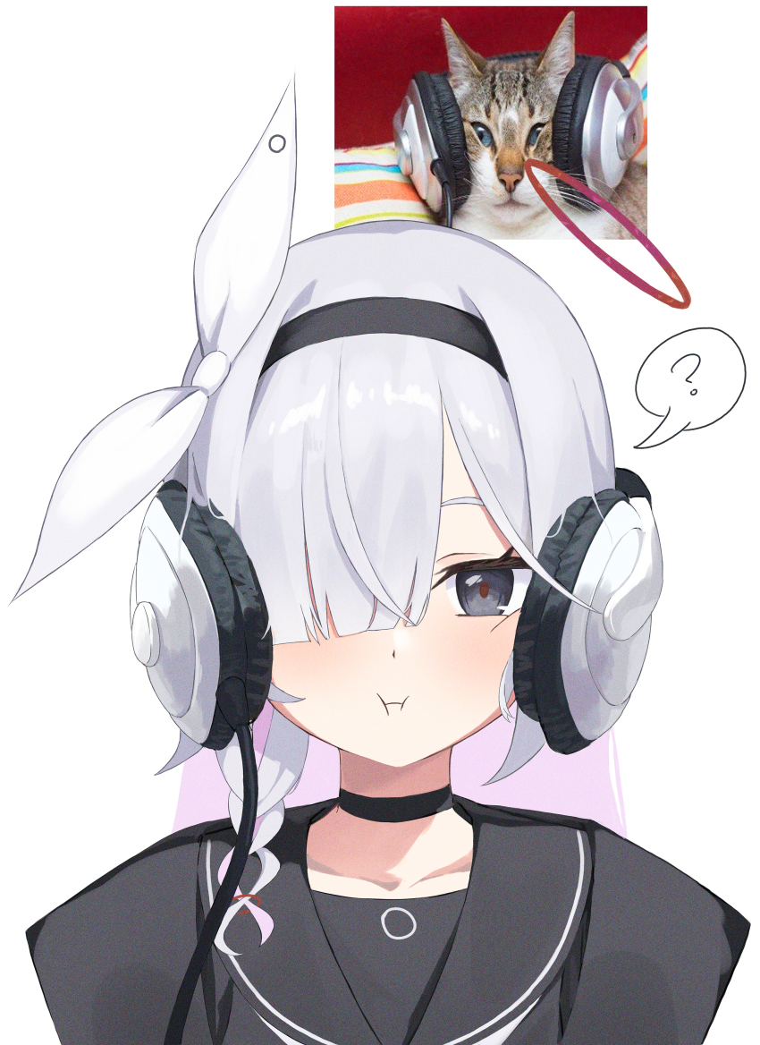 1girl :i ? absurdres animal black_choker black_eyes black_sailor_collar blue_archive braid cat choker closed_mouth colored_inner_hair grey_hair hair_over_one_eye halo headphone_cat_(meme) headphones highres kmp_(kenma_pro) light_blush long_hair meme multicolored_hair photo-referenced pink_hair plana_(blue_archive) pout red_halo reference_inset sailor_collar simple_background single_braid solo speech_bubble spoken_question_mark white_background