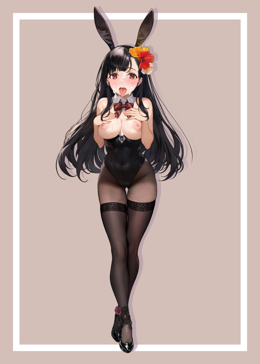 1girl animal_ears ayase_shichikai black_hair black_leotard black_shoes blush bow bowtie breastless_clothes breastless_leotard breasts brown_background collar covered_navel crossed_ankles cum cum_on_body detached_collar facial fake_animal_ears flower full_body gluteal_fold hair_flower hair_ornament hands_on_own_breasts hands_on_own_chest highres kono_subarashii_sekai_ni_shukufuku_wo! leaning_forward leotard long_hair looking_at_viewer medium_breasts nipples open_mouth pantyhose rabbit_ears red_bow red_bowtie red_eyes shoes solo standing sweat thighband_pantyhose thighs tongue tongue_out two-tone_background variant_set white_background white_collar yuiyui_(konosuba)