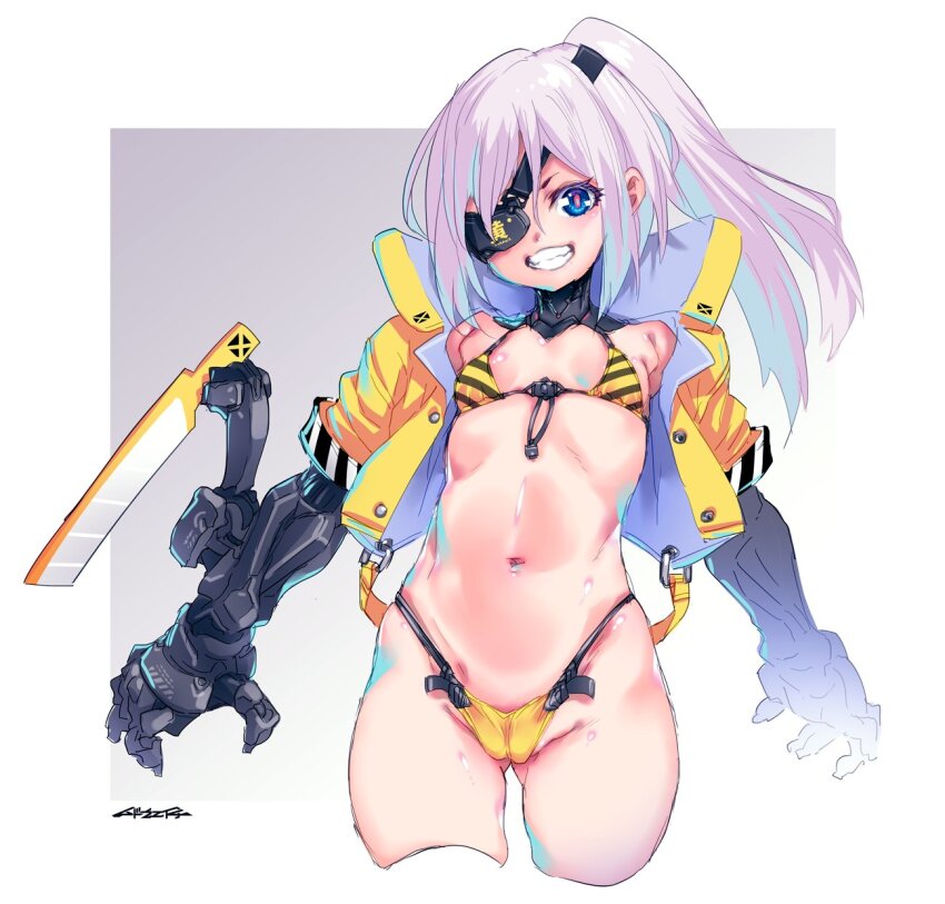 1girl bikini blue_eyes breasts commentary_request cowboy_shot cropped_jacket cropped_legs cyborg eyepatch front-tie_bikini_top front-tie_top gradient_background grey_hair grin high_ponytail highres jacket long_hair looking_at_viewer mechanical_arms mechabare mudou_eichi navel open_clothes open_jacket original pink_pupils prosthesis prosthetic_arm sketch small_breasts smile solo striped_bikini striped_clothes swimsuit teeth two-tone_bikini yellow_bikini yellow_jacket