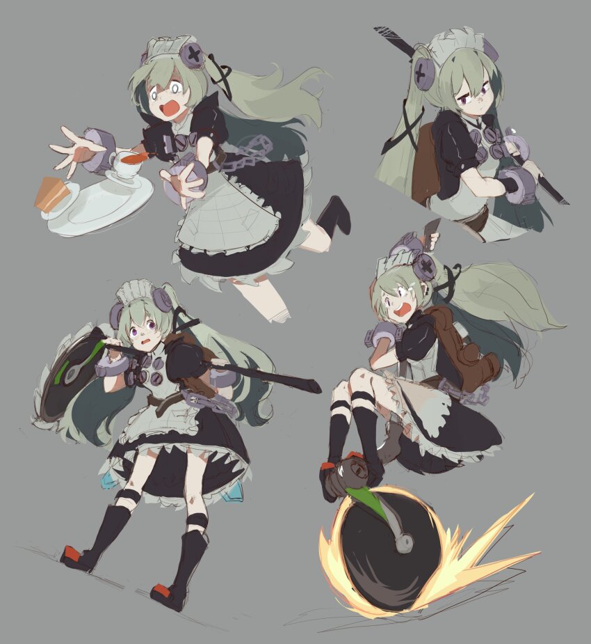 1girl accident black_dress cake cake_slice circular_saw corin_wickes cup dress eccomicco food frilled_dress frills green_hair highres holding holding_weapon long_hair maid_headdress multiple_views plate puffy_short_sleeves puffy_sleeves saw short_sleeves simple_background teacup twintails very_long_hair weapon zenless_zone_zero