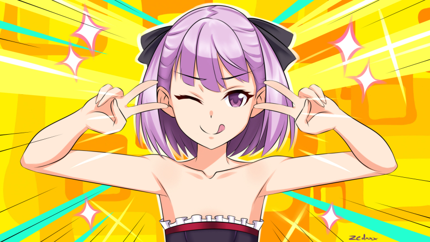 1girl armpits bare_shoulders black_bow black_dress blush bow breasts closed_mouth collarbone double_v dress emotional_engine_-_full_drive fate/grand_order fate_(series) flat_chest hair_bow hands_up helena_blavatsky_(fate) highres licking_lips looking_at_viewer one_eye_closed parody purple_eyes purple_hair short_hair smile solo sparkle strapless strapless_dress tongue tongue_out v yellow_background zedxxx