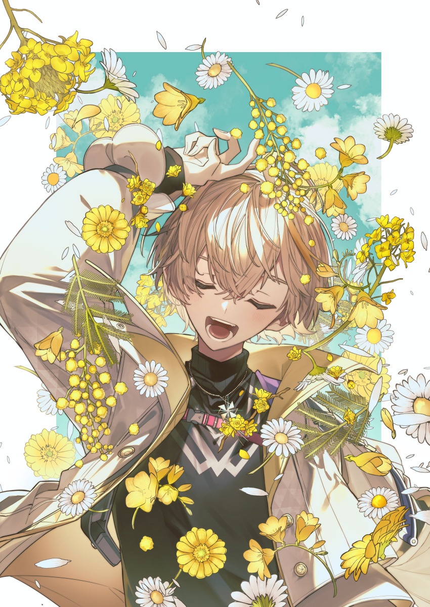 1boy absurdres arm_at_side arm_up black_shirt blonde_hair blue_sky border closed_eyes cloud commentary_request daisy facing_viewer flower fura_kanato highres jacket jewelry jisshu long_sleeves male_focus necklace nijisanji open_mouth shirt sky solo teeth two-sided_fabric two-sided_jacket upper_body virtual_youtuber white_flower white_jacket yellow_flower yellow_jacket