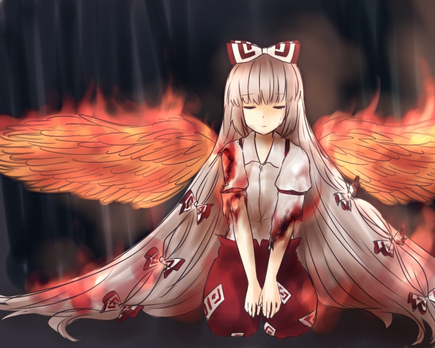 1girl bow burning burnt_clothes closed_eyes closed_mouth commentary_request crying fiery_wings fire fujiwara_no_mokou grey_hair grey_shirt hair_bow koto_(shiberia39) long_hair ofuda ofuda_on_clothes pants red_pants shirt sitting solo suspenders tears touhou very_long_hair wings