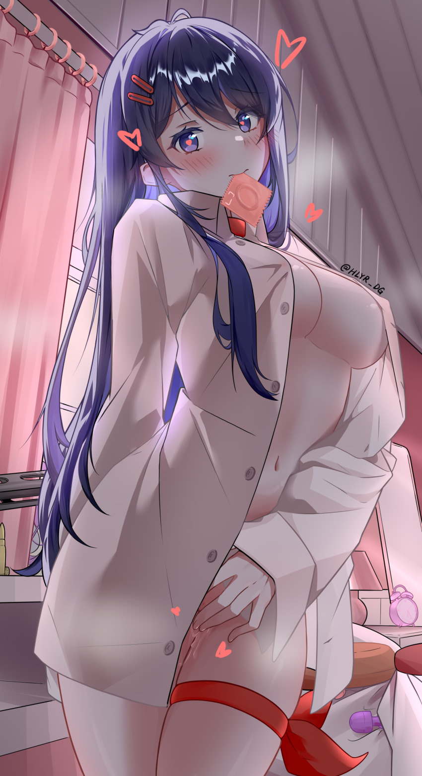 1girl absurdres alarm_clock artist_name blue_eyes blue_hair blush bow breasts clock condom condom_in_mouth diguo_keran_wu female_masturbation heart heart-shaped_pupils highres hitachi_magic_wand indoors kind_mita_(miside) long_hair long_sleeves looking_at_viewer masturbation medium_breasts miside mita_(miside) mixed-language_commentary mouth_hold naked_shirt navel open_clothes open_shirt pussy_juice red_bow sex_toy shirt solo steam symbol-shaped_pupils thigh_strap thighs vibrator white_shirt