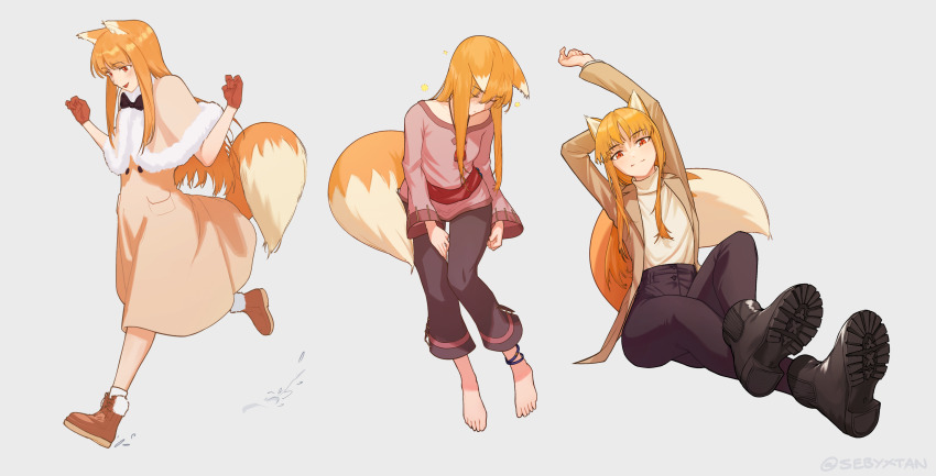 1girl absurdres animal_ears blush boots brown_hair capri_pants dress feet fox_ears fox_tail gloves highres holo multiple_views pants red_eyes sebyxtan smile spice_and_wolf tail turtleneck