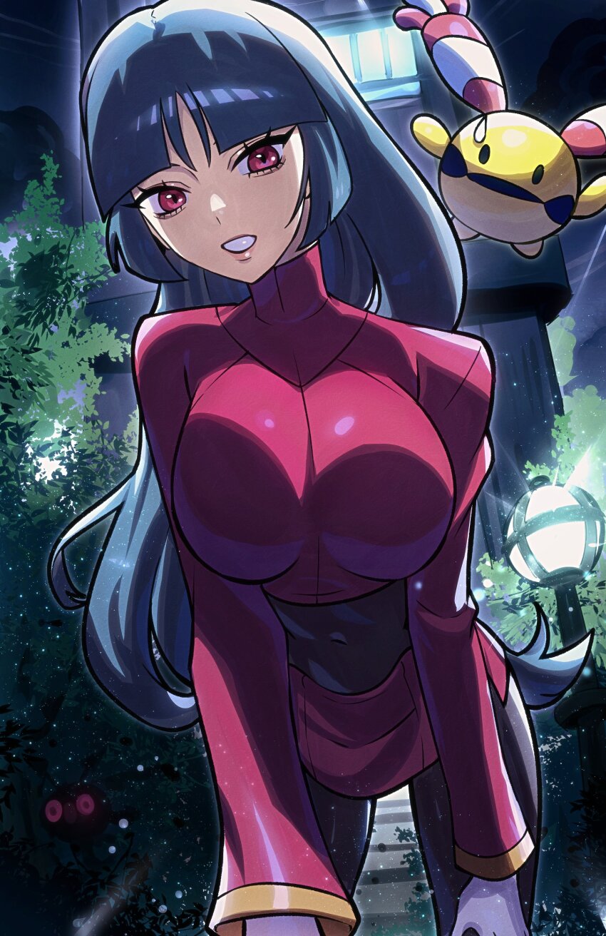 1girl absurdres bell bent_over black_bodysuit blue_hair blunt_bangs bodysuit bodysuit_under_clothes breasts chingling creatures_(company) dark_blue_hair game_freak gen_2_pokemon gen_4_pokemon gloves hands_on_own_knees highres hime_cut hoothoot jacket large_breasts long_hair long_sleeves nintendo pencil_skirt pokemon pokemon_(creature) pokemon_frlg red_eyes red_jacket red_skirt ryairyai sabrina_(pokemon) side_slit skirt solo_focus turtleneck turtleneck_jacket white_gloves