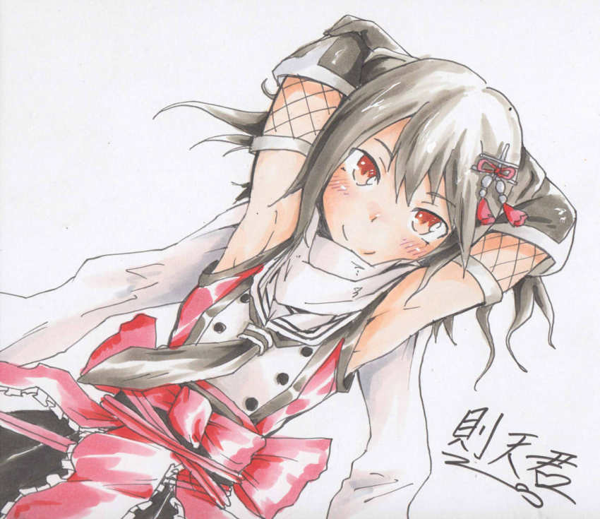 10s 1girl armpits arms_up ascot black_hair female_focus gloves hair_ornament hairclip kantai_collection long_hair red_eyes scarf sendai_(kancolle) sendai_kai_ni_(kancolle) smile sokutenkun solo traditional_media