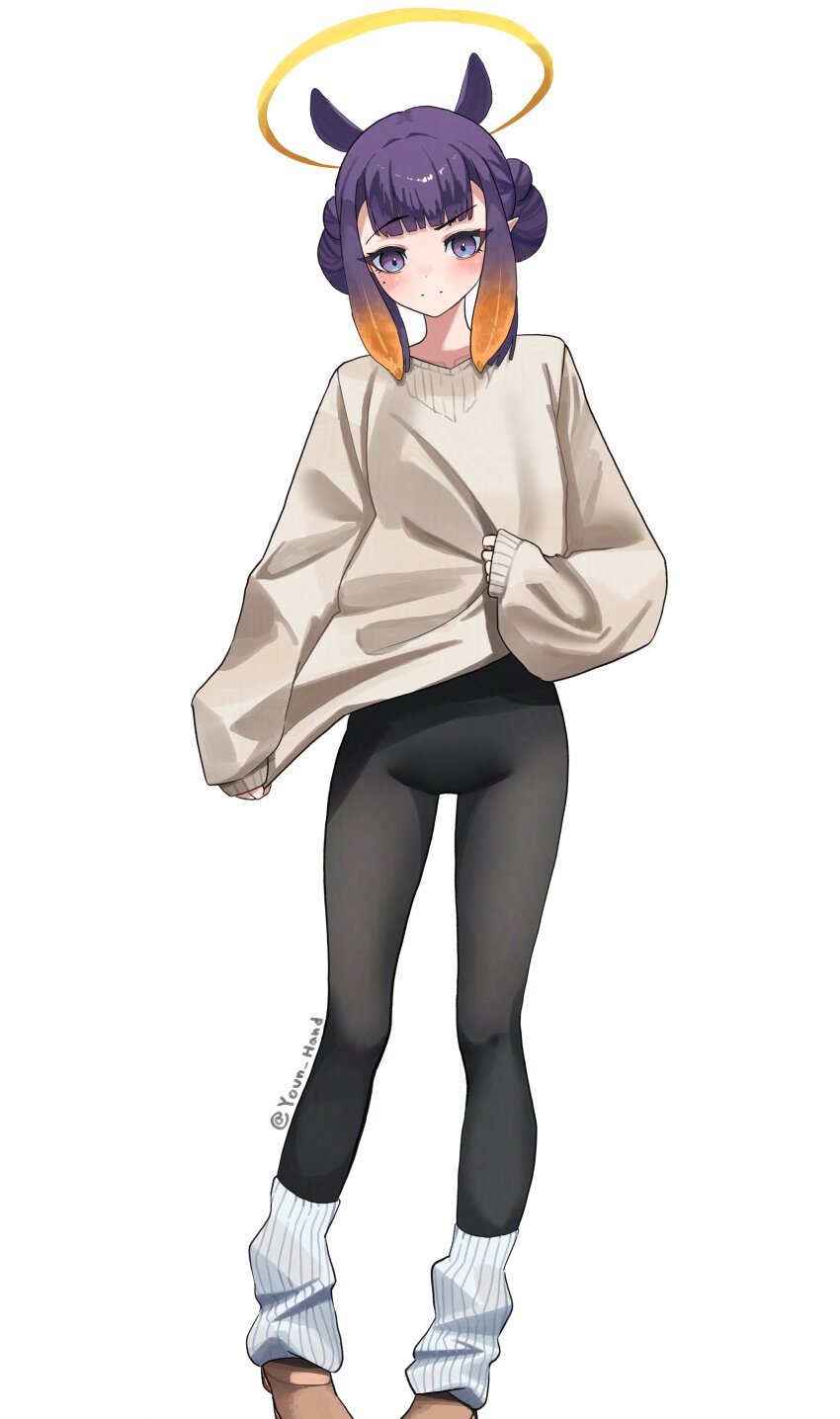 1girl absurdres black_leggings closed_mouth gradient_hair grey_sweater halo highres hololive hololive_english leggings looking_at_viewer loose_socks mole mole_under_eye multicolored_hair ninomae_ina&#039;nis orange_hair pointy_ears purple_eyes purple_hair simple_background sleeves_past_wrists socks solo standing sweater tentacle_hair virtual_youtuber white_background yellow_halo younhand