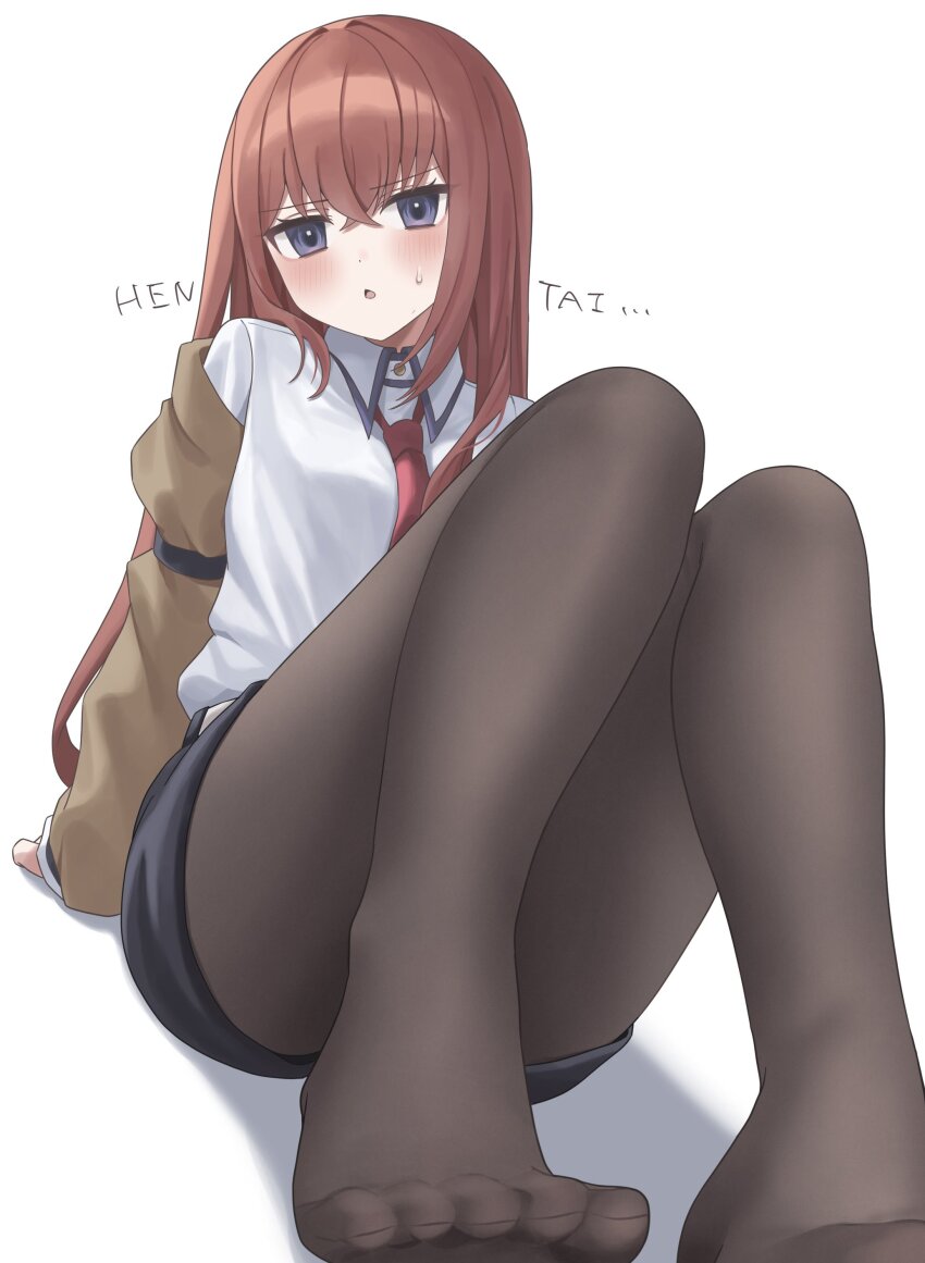 1girl :&lt; absurdres annoyed arm_support black_pantyhose black_shorts breasts brown_jacket chestnut_mouth collared_dress commentary dress dress_shirt embarrassed furrowed_brow hair_between_eyes hair_over_shoulder highres jacket knees_up leaning_back long_hair loose_necktie makise_kurisu necktie no_shoes off_shoulder on_ground open_clothes open_jacket pantyhose parted_lips presenting_foot purple_eyes red_hair red_necktie rei_rkgk0 romaji_commentary shadow shirt short_shorts shorts sitting small_breasts solo steins;gate sweatdrop toes translated very_long_hair white_background white_shirt