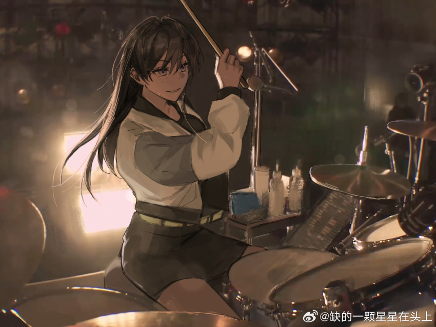 1girl bang_dream! bang_dream!_it&#039;s_mygo!!!!! belt black_hair black_shirt commentary drum drum_set feiyu30903448 highres instrument jacket long_hair open_mouth photo_background playing_drum purple_eyes shiina_taki shirt sitting solo sweatdrop weibo_watermark white_jacket yellow_belt