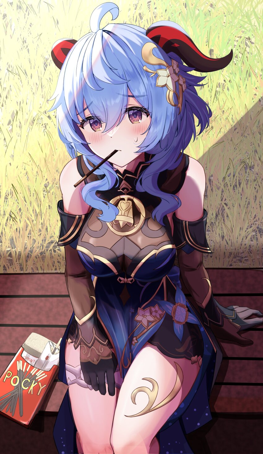 1girl absurdres ahoge bare_shoulders bell black_gloves black_sleeves blue_dress blue_hair blush breasts cleavage corrupted_twitter_file detached_sleeves dress food food_in_mouth ganyu_(genshin_impact) ganyu_(twilight_blossom)_(genshin_impact) genshin_impact gloves goat_horns hair_between_eyes hashtag-only_commentary highres horns large_breasts light_blue_hair long_hair looking_at_viewer moni_(moni7475) neck_bell official_alternate_costume pocky pocky_day pocky_in_mouth purple_eyes see-through_cleavage see-through_clothes sitting small_sweatdrop solo