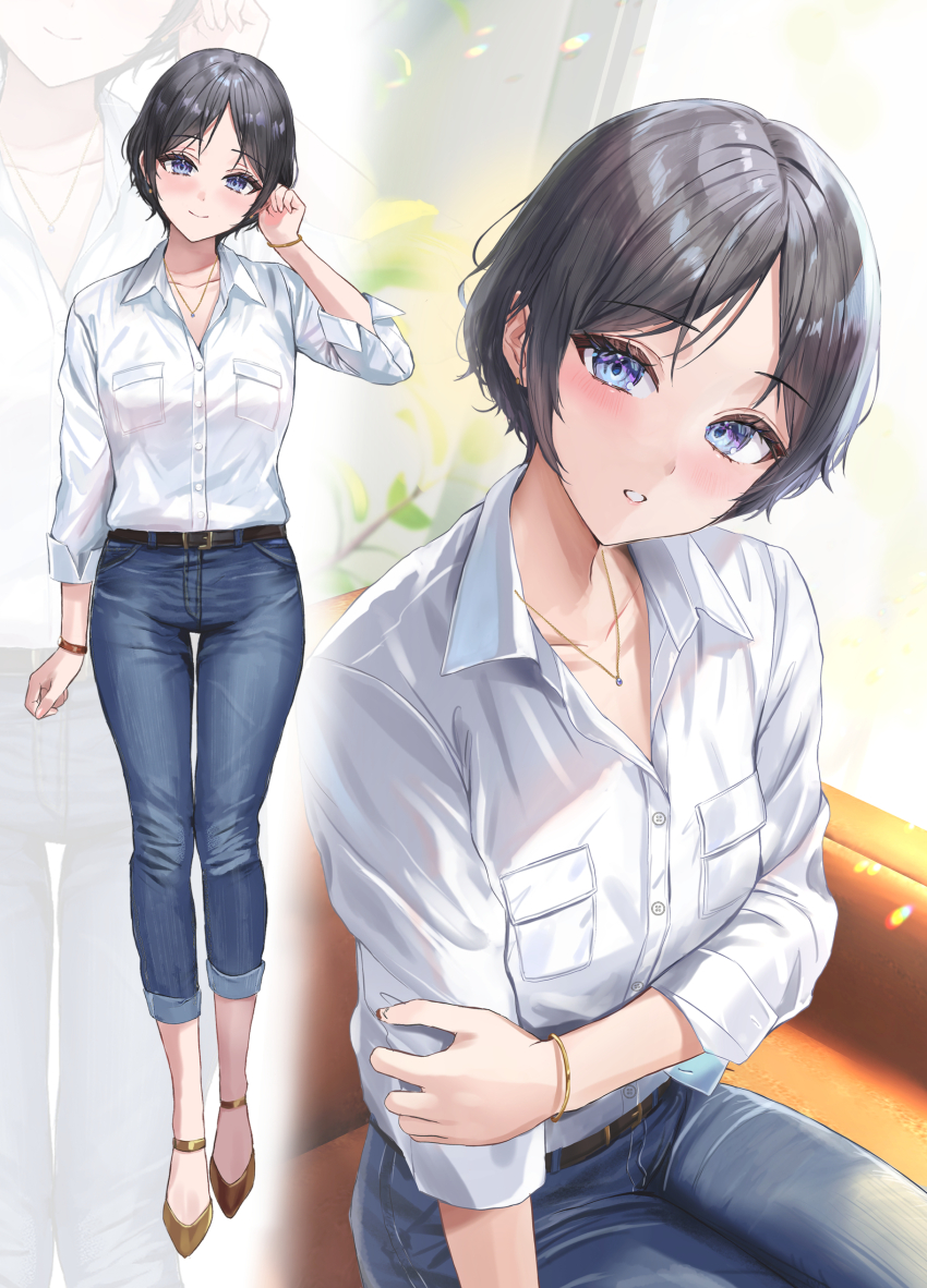 1girl absurdres black_hair blue_pants bracelet collared_shirt denim highres jeans jewelry looking_at_viewer medium_hair multicolored_eyes necklace original pants sakamuke shirt smile solo two-tone_eyes white_shirt