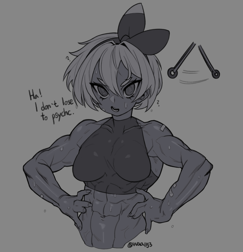 1girl ? abs bea_(pokemon) creatures_(company) dark-skinned_female dark_skin english_text game_freak grey_background hairband halterneck hands_on_own_hips highres hypnosis looking_at_viewer midriff mind_control monochrome muscular muscular_female navel nintendo pokemon pokemon_swsh short_hair simple_background sketch solo sweat upper_body waa153 watermark white_hair