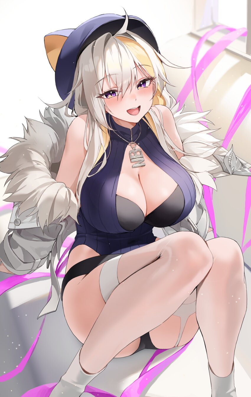 1girl :d absurdres ahoge bare_shoulders black_bra black_shorts blonde_hair blue_hat blue_sweater blurry blurry_background blush bra breasts choyeon cleavage cleavage_cutout clothing_cutout commentary_request fur-trimmed_jacket fur_trim garter_straps hat highres jacket jewelry korean_commentary large_breasts light_particles long_hair long_sleeves looking_at_viewer micro_shorts multicolored_hair necklace never_bite off_shoulder open_clothes open_jacket open_mouth original purple_eyes ribbed_sweater shorts smile solo sweater thighhighs two-tone_hair underwear virtual_youtuber white_footwear white_hair white_jacket white_thighhighs window