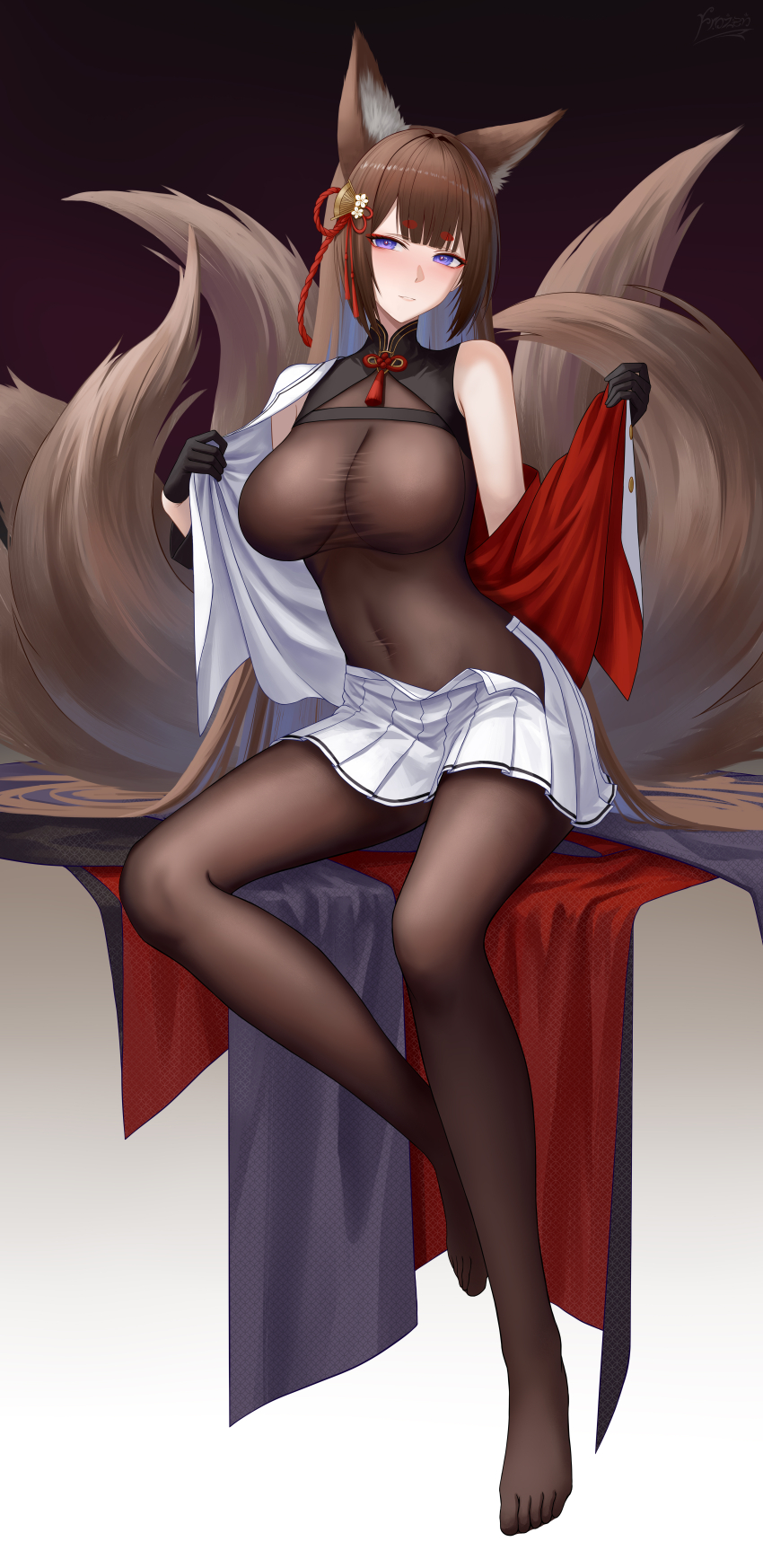 1girl absurdres amagi_(azur_lane) amagi_(cv)_(azur_lane) animal_ear_fluff animal_ears azur_lane black_gloves bodystocking breasts brown_hair covered_navel eyeliner fox_ears fox_girl fox_tail frozen-sad full_body gloves hair_ornament highres hikimayu incredibly_absurdres large_breasts light_blush long_hair looking_at_viewer makeup parted_lips pleated_skirt purple_eyes red_eyeliner signature sitting skirt solo tail taut_bodystocking taut_clothes undressing very_long_hair white_skirt