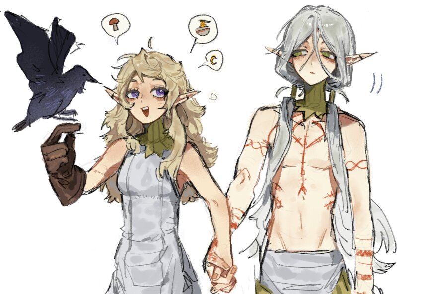 1boy 1girl arm_tattoo bird black_bird blonde_hair chest_tattoo closed_mouth crow dungeon_meshi elf fleki gloves gorget green_eyes grey_hair hair_around_ear hair_tubes highres holding_hands long_hair looking_at_another low_twintails lycion notched_ear nova_1810 open_mouth pointy_ears purple_eyes simple_background sketch sleeveless smile speech_bubble tattoo topless_male tunic twintails upper_body white_background
