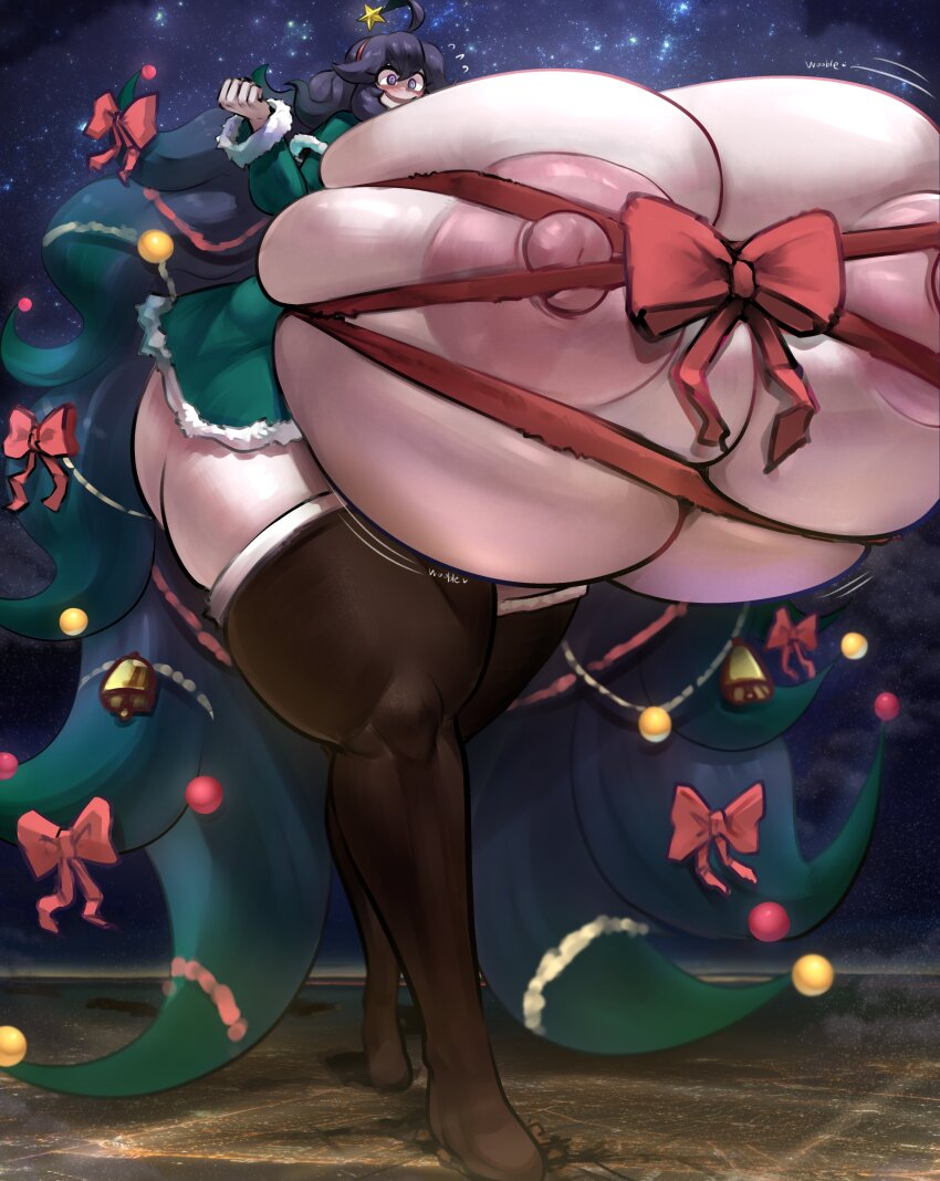 1girl @_@ absurdres ahoge bell blush boots breasts christmas christmas_ornaments creatures_(company) curvy female_focus full_body game_freak giant giantess gigantic_breasts gipehtyboo hair_ribbon hex_maniac_(pokemon) highres long_hair matching_hair/eyes multicolored_hair nintendo pokemon purple_eyes purple_hair ribbon skindentation solo star_(symbol) thick_thighs thigh_boots thighhighs thighs two-tone_hair very_long_hair wide_hips