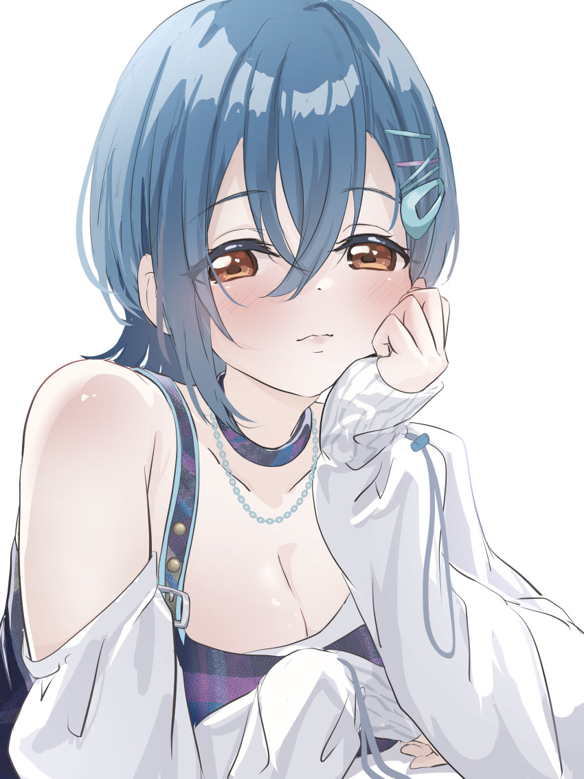 1girl absurdres blue_hair blush breasts choker cleavage closed_mouth collarbone commentary_request hair_between_eyes hair_ornament hand_on_own_cheek hand_on_own_face head_rest highres jellyfish_(love_live!) jewelry long_sleeves looking_at_viewer love_live! love_live!_superstar!! medium_breasts necklace nekomarunisei orange_eyes shirt short_hair single_off_shoulder solo upper_body wakana_shiki white_background white_shirt