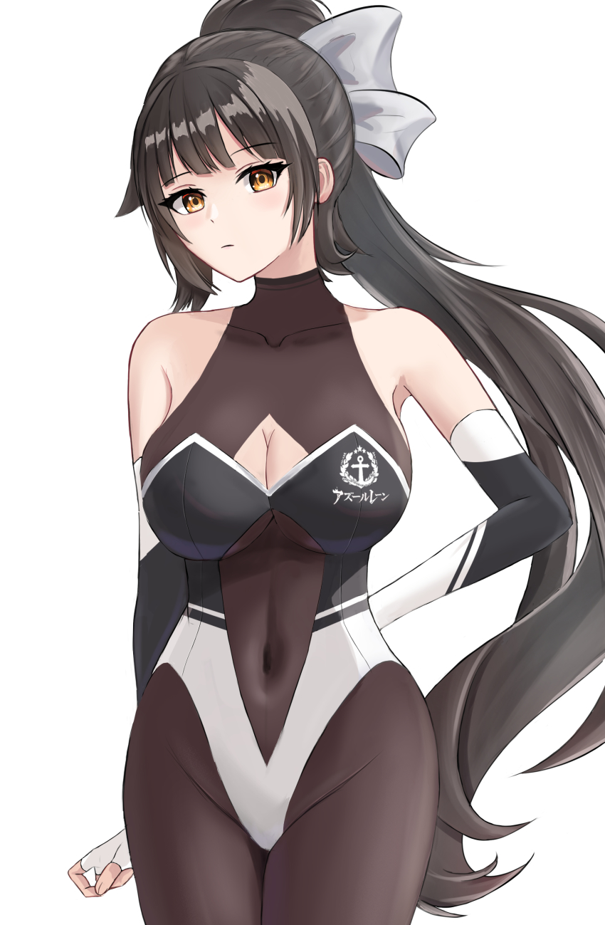 1girl absurdres azur_lane bad_id bad_pixiv_id black_gloves black_hair bodystocking bow breasts cleavage_cutout clothing_cutout covered_navel elbow_gloves extra_ears fingerless_gloves gloves hair_bow highres impossible_clothes large_breasts long_hair looking_at_viewer official_alternate_costume orange_eyes race_queen simple_background solo standing takao_(azur_lane) takao_(full_throttle_charmer)_(azur_lane) very_long_hair white_background white_bow white_gloves yamamoto_warabi