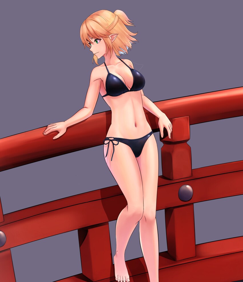 1girl absurdres barefoot bikini black_bikini blonde_hair breasts cleavage feet_out_of_frame green_eyes grey_background half_updo highres leaning_back looking_to_the_side medium_breasts mikotouca mizuhashi_parsee pointy_ears short_hair side-tie_bikini_bottom solo swimsuit touhou