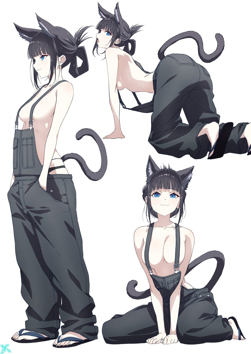 1girl absurdres all_fours animal_ears black_hair black_overalls black_pants blue_eyes breasts cat_ears cat_tail character_request coll collarbone copyright_request full_body hands_in_pockets highres looking_at_viewer makicha_(sasurainopink) making-of_available medium_breasts multiple_views naked_overalls open_mouth overalls pants sandals short_hair simple_background smile standing suspenders tail