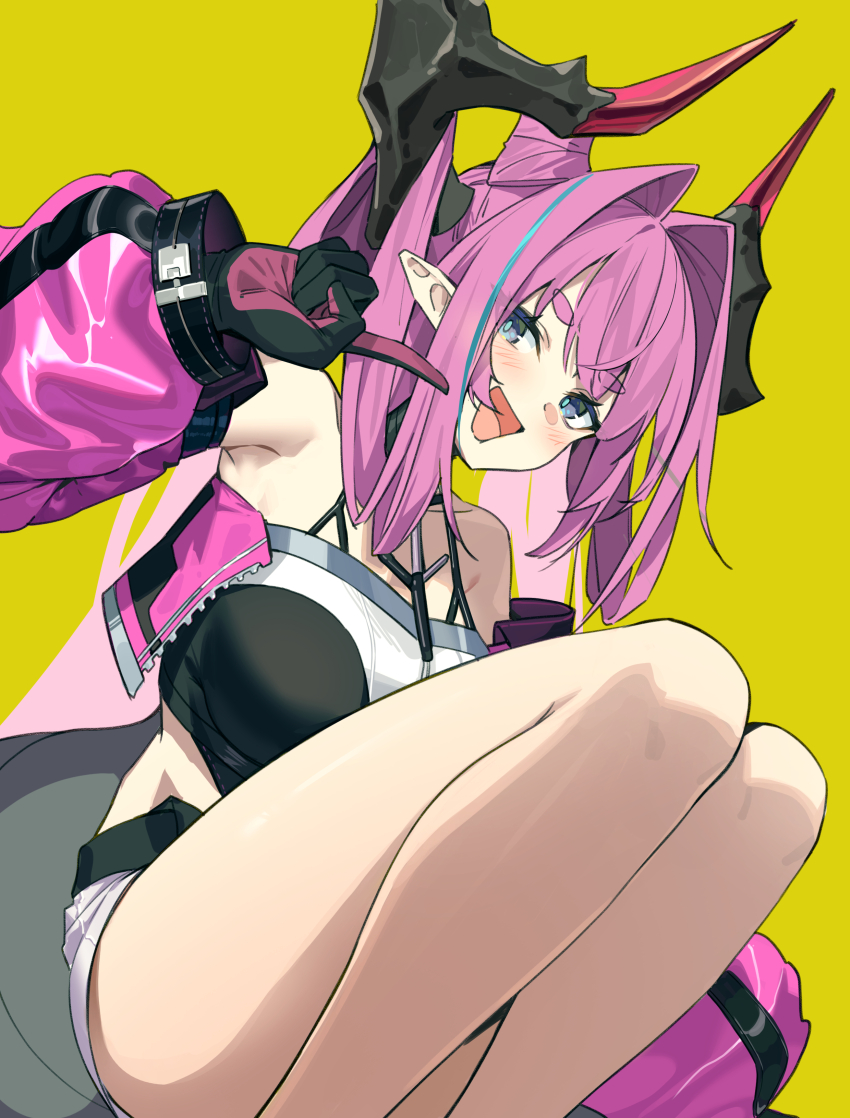 1girl :d absurdres arknights arknights:_endfield arm_up armpits bare_legs bare_shoulders black_gloves blue_eyes blue_hair blush breasts commentary crop_top deatheach detached_sleeves dragon_girl dragon_horns dragon_tail feet_out_of_frame gloves hair_intakes highres horns large_breasts long_sleeves looking_at_viewer multicolored_hair open_mouth pink_hair pointing pointing_at_self pointy_ears puffy_long_sleeves puffy_sleeves short_shorts shorts simple_background smile solo squatting streaked_hair tail two-tone_hair white_shorts yellow_background yvonne_(arknights)