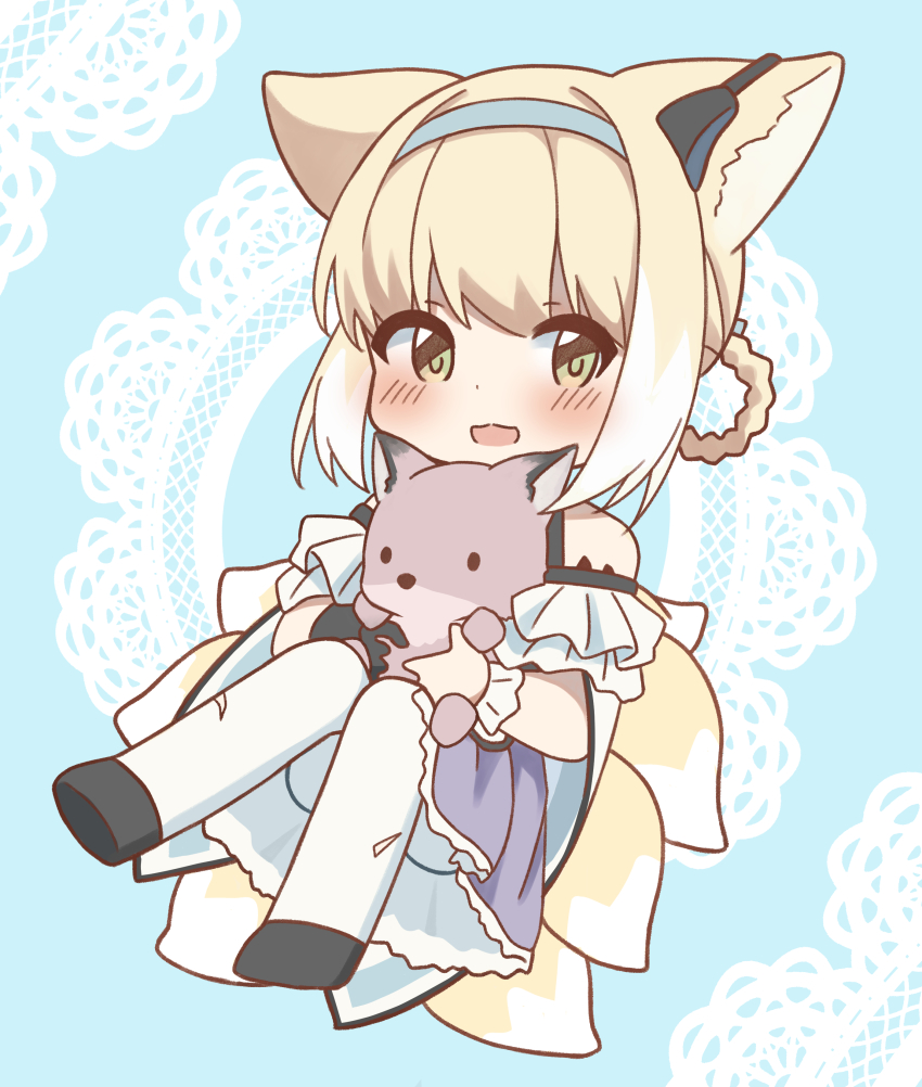 1girl :d absurdres animal animal_ears animalization arknights bare_shoulders black_footwear black_gloves blonde_hair blue_background blush braid brown_eyes doily fox fox_ears fox_girl fox_tail gloves hair_rings highres holding holding_animal kitsune looking_at_viewer multicolored_hair open_mouth pantyhose purple_skirt ryoku_sui shirt shoes skirt smile solo sussurro_(arknights) suzuran_(arknights) tail two-tone_hair white_hair white_pantyhose white_shirt