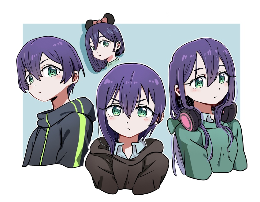 1girl :&lt; alternate_hair_length alternate_hairstyle asymmetrical_hair black_headphones black_hoodie blue_shirt border bow breasts brown_hoodie closed_mouth collared_shirt cropped_shoulders dalidari27 drop_shadow green_background green_eyes green_hoodie hair_between_eyes hair_bow hair_over_shoulder haraga_kurumi headphones headphones_around_neck highres hood hoodie jacket kimi_no_koto_ga_dai_dai_dai_dai_daisuki_na_100-nin_no_kanojo light_blush long_hair looking_at_viewer mickey_mouse_ears multiple_views outside_border parted_bangs purple_hair red_bow shirt short_hair small_breasts sweater thick_eyebrows track_jacket turtleneck turtleneck_sweater v-shaped_eyebrows white_border zipper zipper_pull_tab