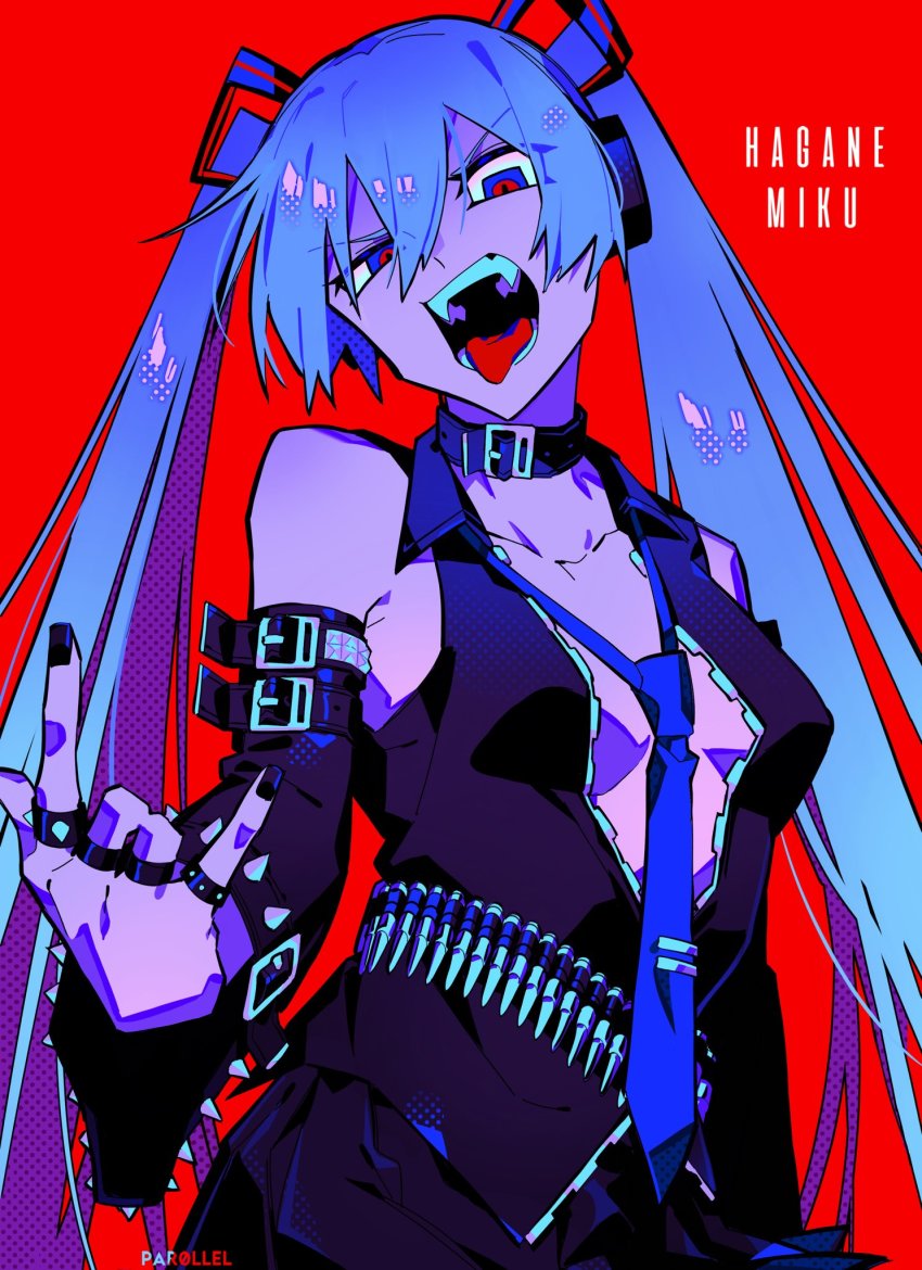 1girl black_nails blue_hair breasts collar detached_sleeves fangs hagane_miku hair_between_eyes hatsune_miku highres jewelry long_hair looking_at_viewer multiple_rings nail_polish necktie open_mouth par0llel red_background ring simple_background small_breasts solo teeth tongue tongue_out twintails very_long_hair vocaloid