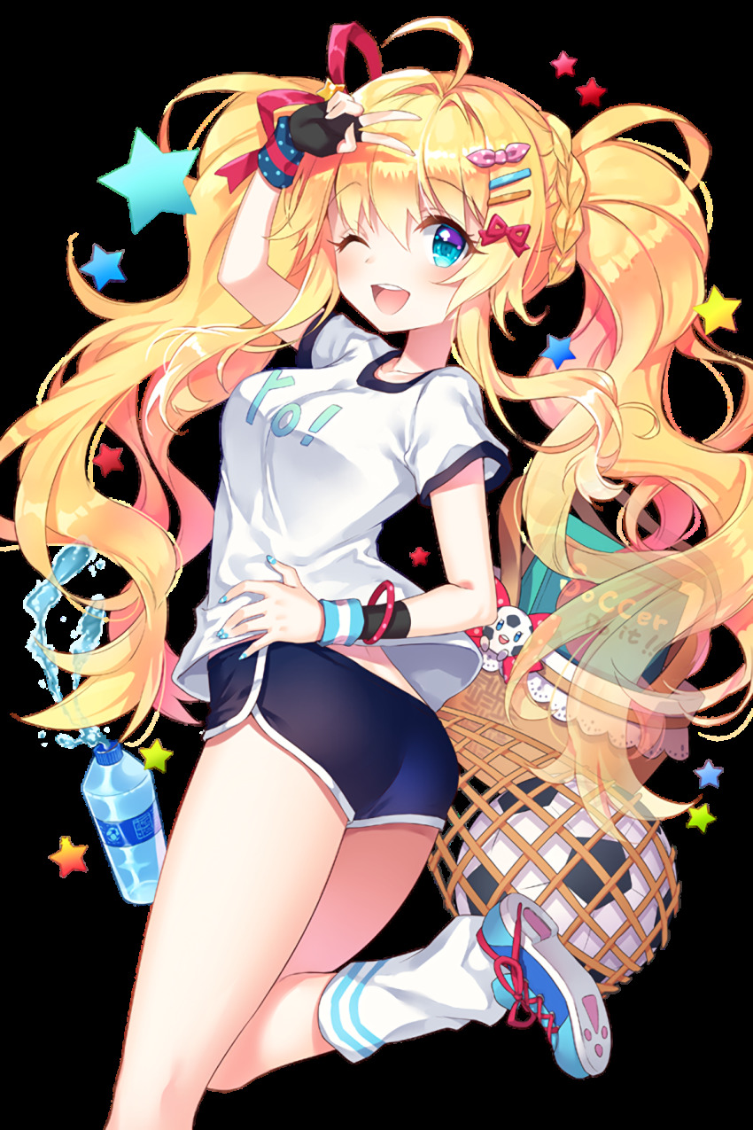 1girl ;d ahoge arm_up bad_anatomy ball basket black_gloves blonde_hair blue_eyes blue_nails bottle braid female_focus fingerless_gloves gloves hair_ornament hair_ribbon hairclip hand_on_own_hip highres long_hair looking_at_viewer loose_socks manle nail_polish official_art one_eye_closed open_mouth pink_ribbon ribbon see-through_clothes shirt short_shorts shorts smile soccer_ball soccer_spirits socks solo standing standing_on_one_leg star_(symbol) t-shirt transparent_background twintails twisted_torso v very_long_hair water_bottle white_legwear white_shirt wristband yuri_(soccer_spirits)