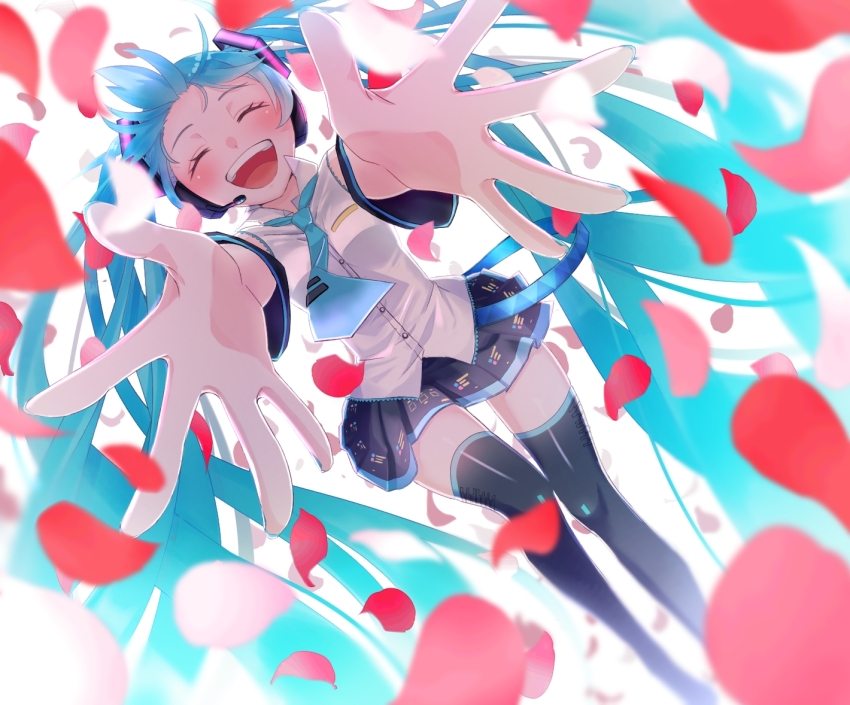 1girl blue_hair blush closed_eyes collared_shirt detached_sleeves hatsune_miku headphones headset long_hair nashinome_(y5wlht) necktie open_mouth outstretched_arms petals pleated_skirt reaching reaching_towards_viewer shirt skirt sleeveless sleeveless_shirt smile solo thigh_gap thighhighs very_long_hair vocaloid