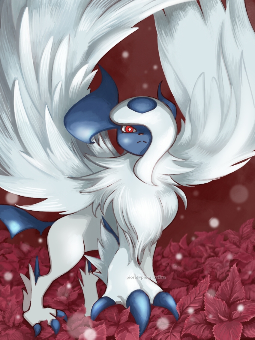 absol animal_focus bright_pupils claws closed_mouth commentary creatures_(company) game_freak gen_3_pokemon highres horns leaf looking_at_viewer mega_absol mega_pokemon nintendo no_humans piora pokemon pokemon_(creature) red_background red_eyes solo white_hair white_pupils wings