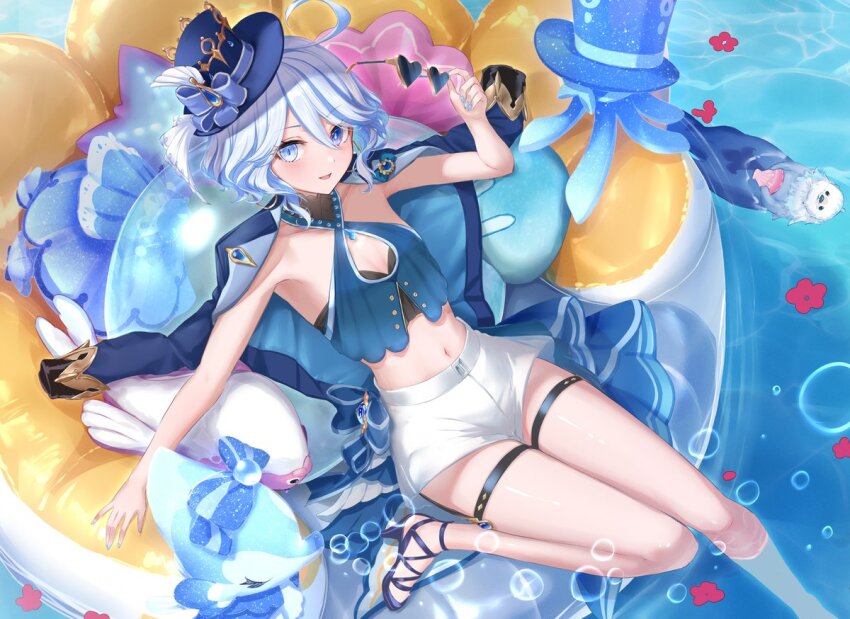 1girl :d adapted_costume ahoge blue_bow blue_eyes blue_hair blue_hat blue_jacket blue_nails bow breasts commentary_request crop_top drop-shaped_pupils fingernails furina_(genshin_impact) genshin_impact gentilhomme_usher hair_between_eyes hat hat_bow heart heart-shaped_eyewear heterochromia holding holding_removed_eyewear jacket kachayori leisurely_otter_(genshin_impact) light_blue_hair light_blush looking_at_viewer mademoiselle_crabaletta midriff multicolored_hair nail_polish navel open_clothes open_jacket open_mouth shorts sitting small_breasts smile solo streaked_hair surintendante_chevalmarin symbol-shaped_pupils thigh_strap tinted_eyewear unworn_eyewear water white_hair white_shorts