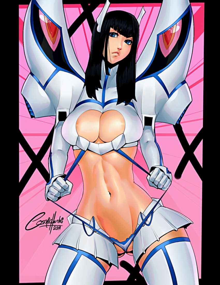 1girl black_hair blue_eyes breasts cleavage cosmichentai female_focus gloves highres junketsu kill_la_kill kiryuuin_satsuki large_breasts long_hair long_sleeves parted_lips revealing_clothes solo white_gloves white_legwear