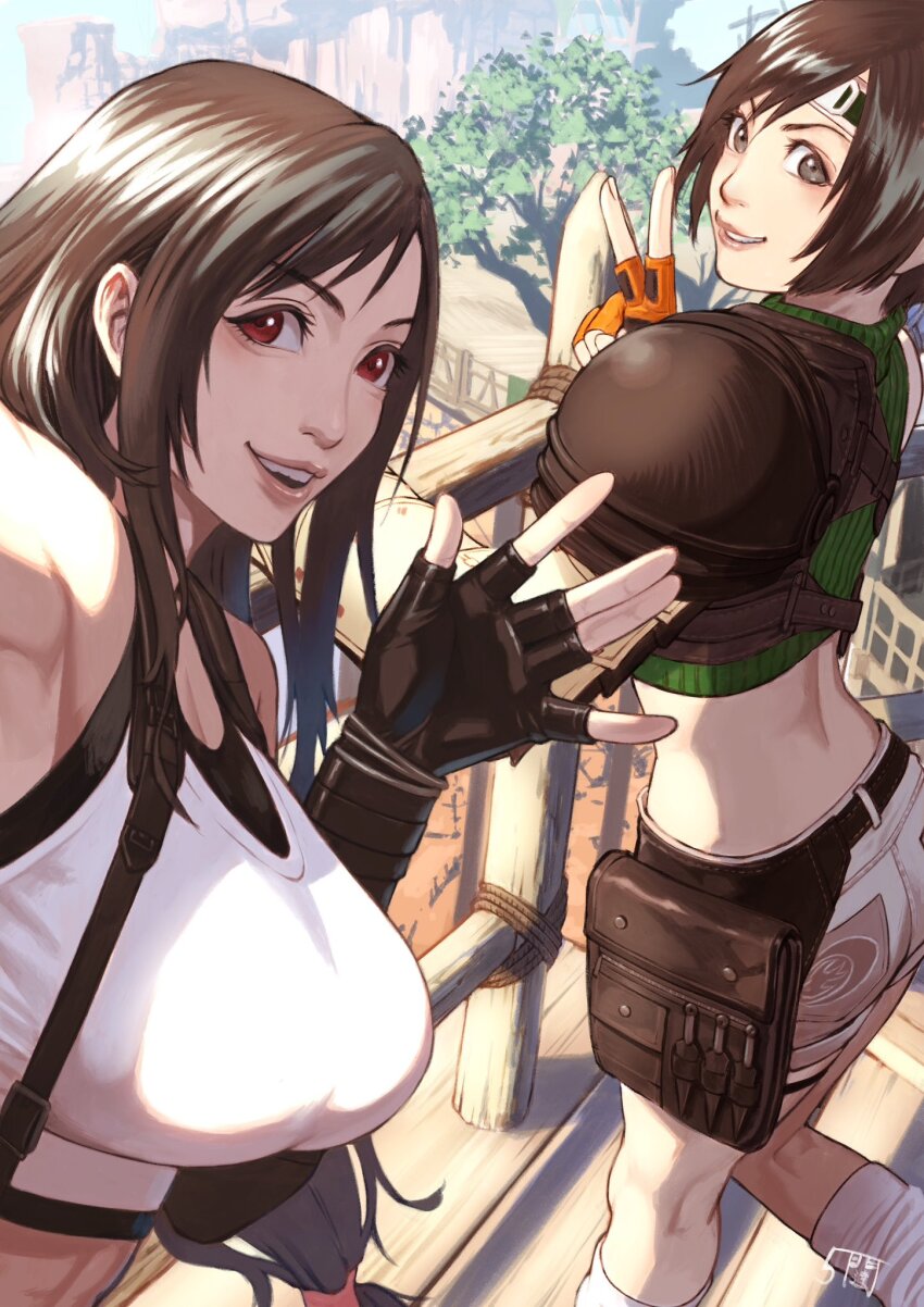 2girls 5tatsu against_railing black_hair breasts brown_eyes crop_top cropped_sweater final_fantasy final_fantasy_vii final_fantasy_vii_rebirth final_fantasy_vii_remake fingerless_gloves forehead_protector gloves green_sweater headband highres large_breasts looking_at_viewer multiple_girls orange_gloves railing selfie short_hair single_shoulder_pad sleeveless sleeveless_turtleneck smile sweater tifa_lockhart turtleneck v yuffie_kisaragi