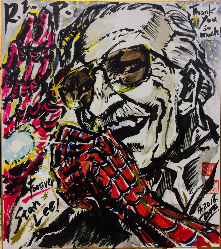 ashiya_kouhei creator_connection highres iron_man marvel shikishi spider-man stan_lee tagme traditional_media