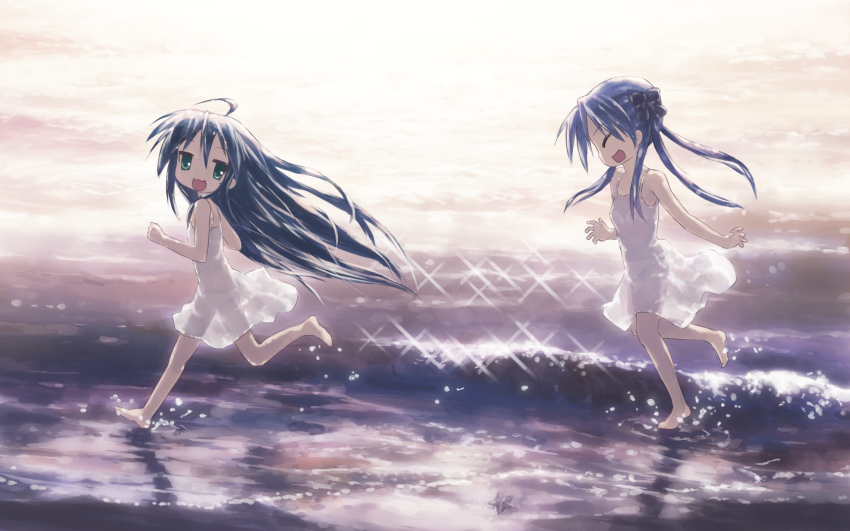 00s 2girls :d ahoge barefoot beach blue_hair dress green_eyes highres hiiragi_kagami isou_nagi izumi_konata long_hair lucky_star multiple_girls open_mouth running see-through_clothes see-through_silhouette sideways_mouth smile sparkle sundress sunset twintails water white_dress