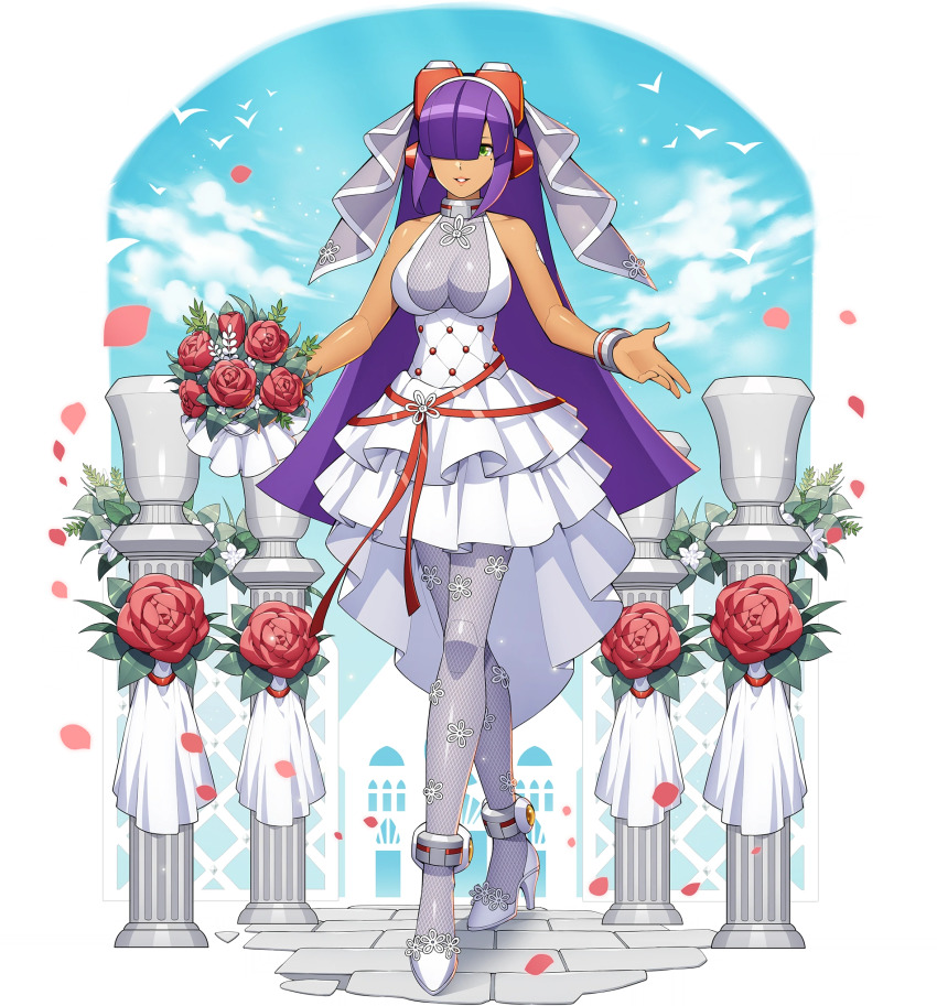 1girl android bare_shoulders bouquet breasts bridal_veil dark-skinned_female dark_skin dress flower full_body hair_ornament hair_over_one_eye high_heels highres holding joints layer_(mega_man) layered_skirt lips long_hair looking_at_viewer medium_breasts mega_man_(series) mega_man_x_(series) mega_man_x_dive mizuno_keisuke mole mole_under_eye non-web_source official_art pantyhose parted_lips purple_hair robot_joints skirt sleeveless sleeveless_dress smile solo standing transparent_background veil wedding_dress white_dress white_footwear