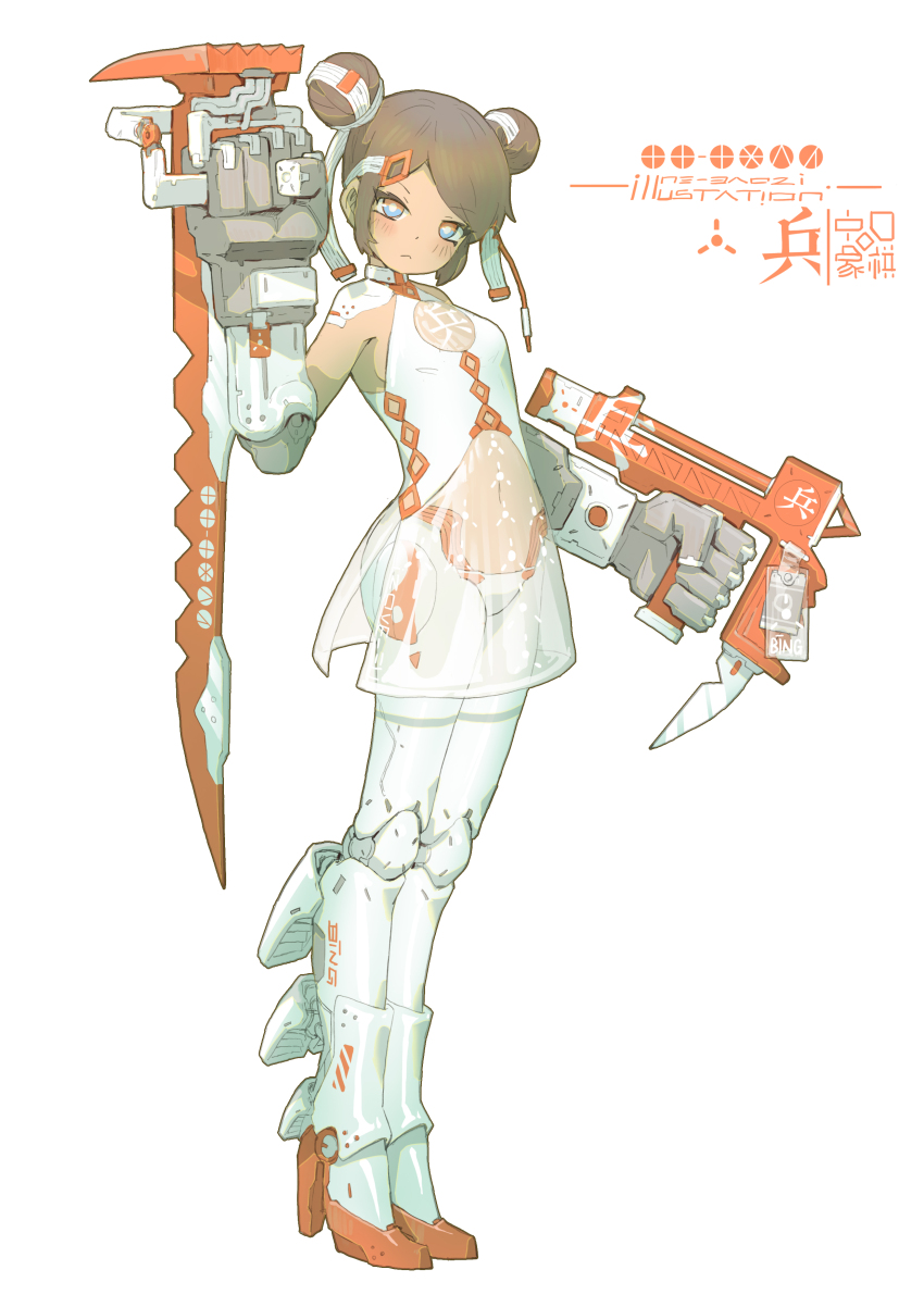 1girl :&lt; absurdres arm_up black_hair board_game chinese_chess chinese_text commentary_request double_bun dress full_body hair_bun hair_ornament hairpin high_heels highres looking_at_viewer mecha_musume multicolored_eyes ne_baozi original oversized_forearms oversized_limbs personification photoshop_(medium) red_chess_experiment science_fiction see-through_clothes short_hair simple_background sleeveless sleeveless_dress solo standing translated tsurime white_background